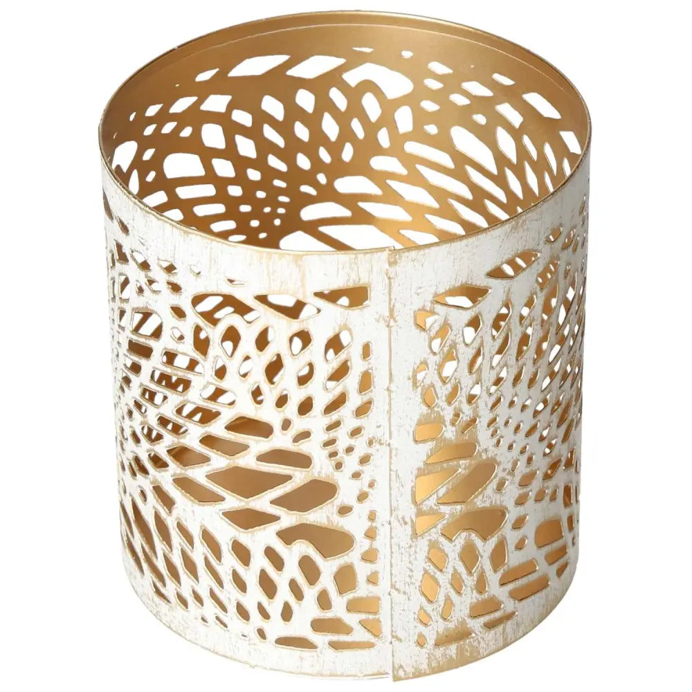 Elegant white metal lantern with intricate design, crafted by Sylvia Crystals, perfect for serene ambiance and spiritual harmony.