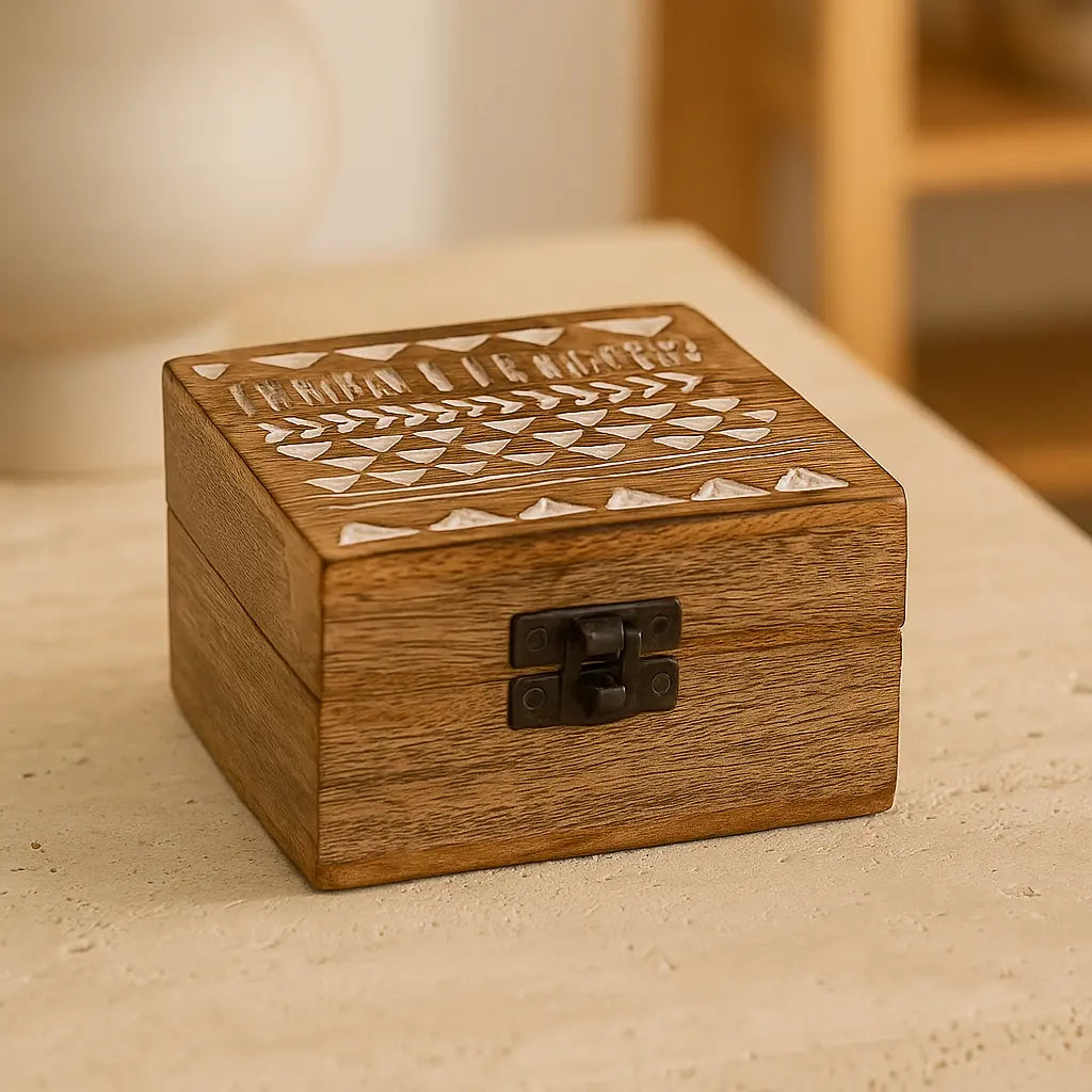 White Washed Wooden Box with Aztec Design – Miniature Artistry and Timeless Style Sylvia Crystals Sp. z o.o.