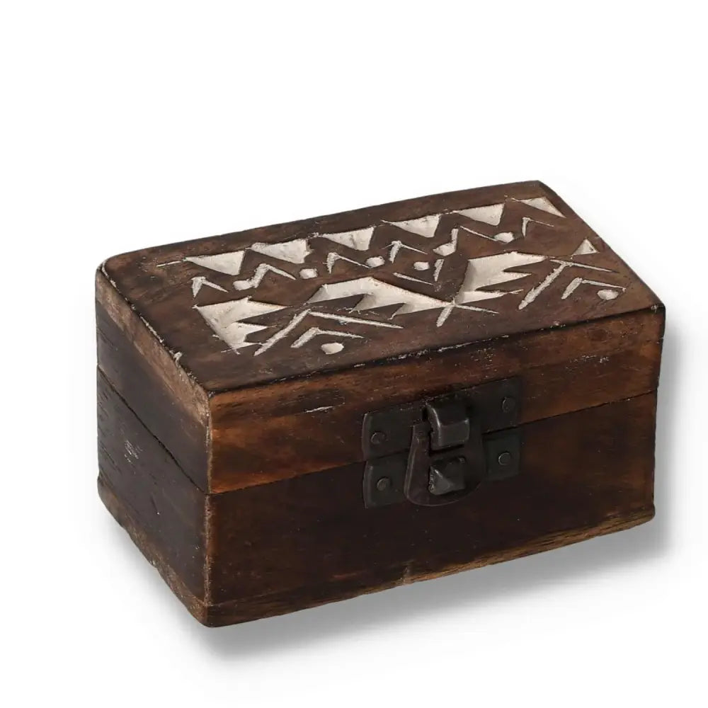 White washed wooden box with Slavic design, 3x1.5 inches, pill box with intricate patterns and secure latch, ideal for storage.