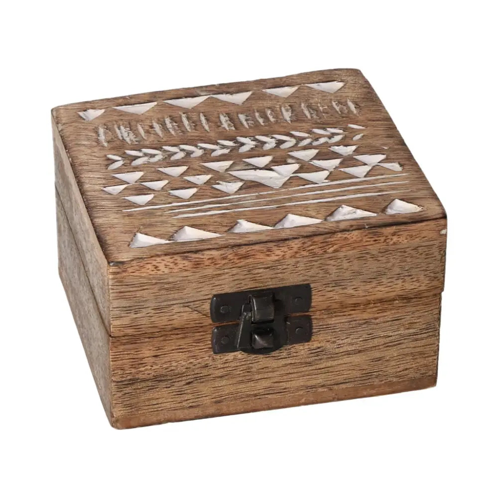 White washed wooden box with a 4x4 Aztec design, featuring a secure black latch, perfect for storing small treasures.
