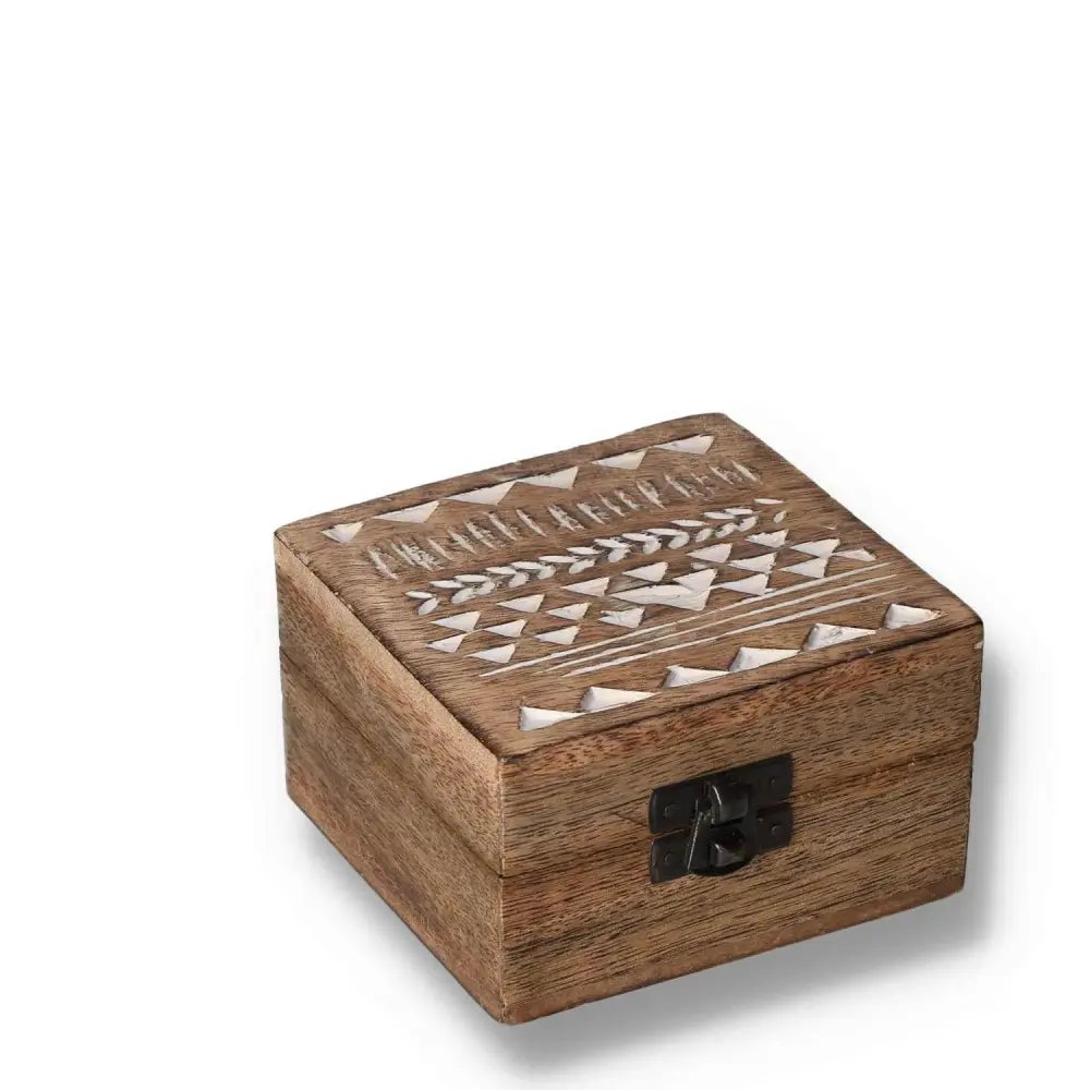 White washed wooden box with 4x4 Aztec design, featuring engraved patterns and a metal latch, ideal for decor and storage.