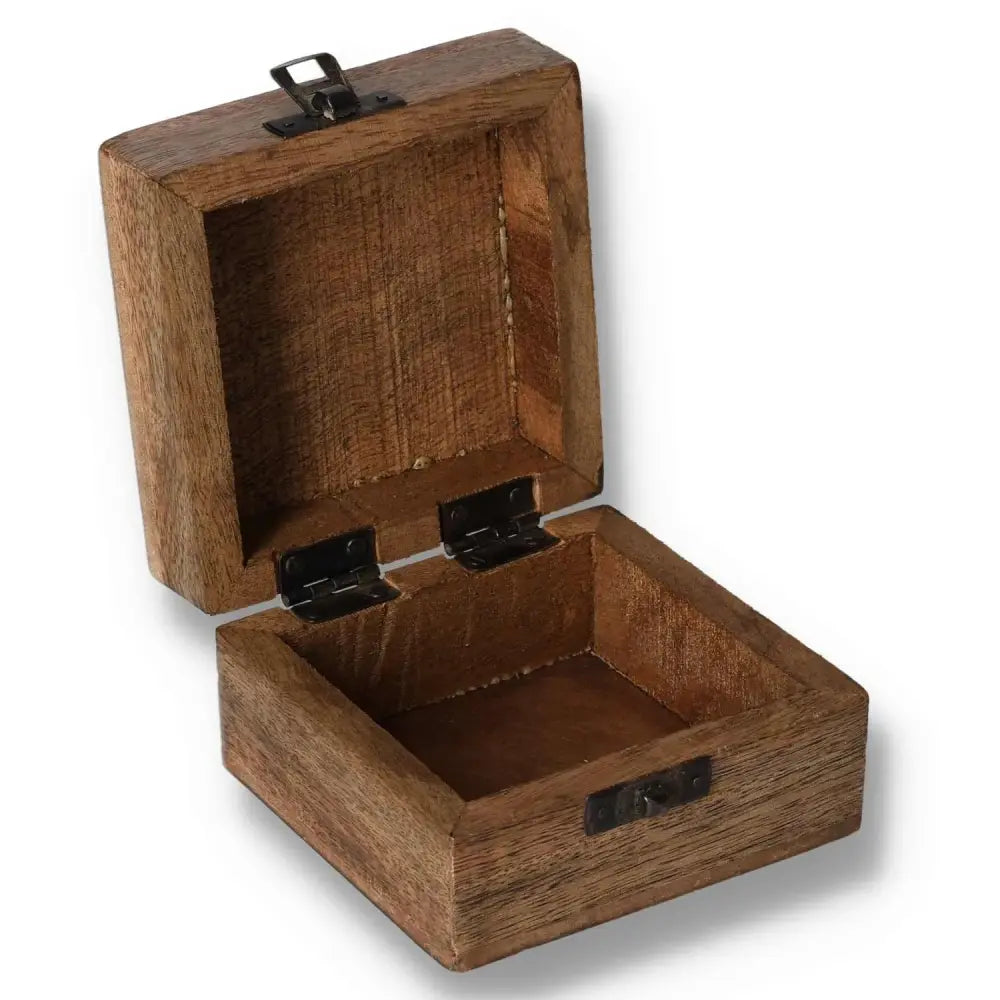 White washed wooden box with 4x4 Aztec design, open to show rustic interior, ideal for storage or decorative use.