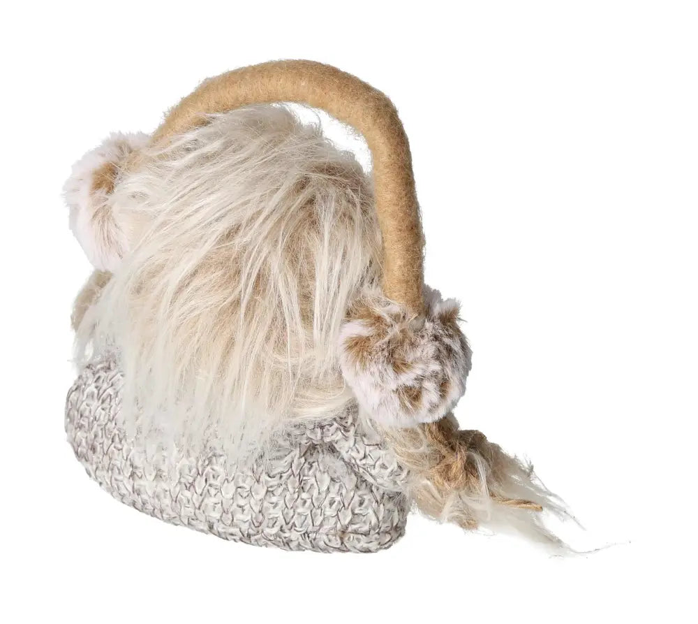Cozy winter decoration figure in knitted look with fluffy earmuffs, perfect for adding charm to your seasonal decor.