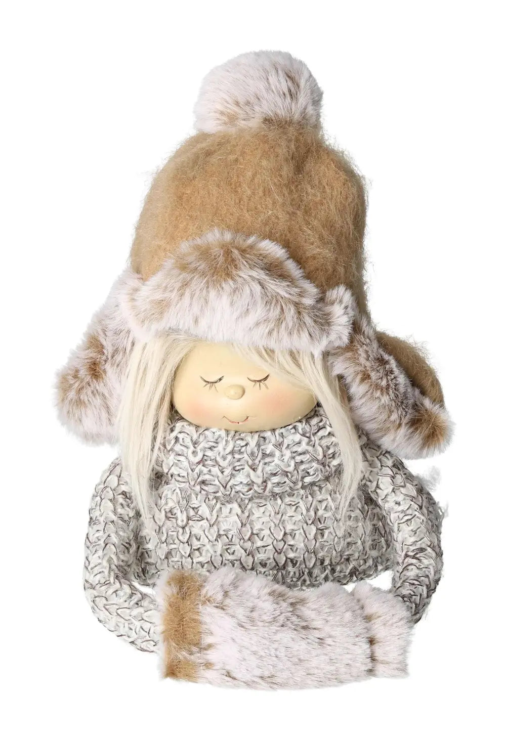 Winter decoration figure with knitted look and fur cap, featuring an elegant style by Sylvia Crystals for sophisticated winter decor.
