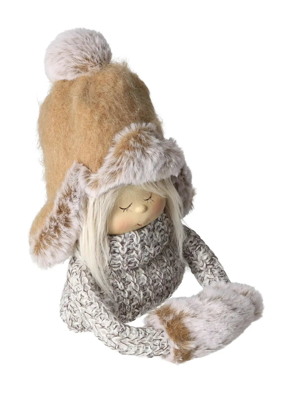 Winter decoration figure in knitted look with warm hat and mittens, offering a cozy touch to home decor.