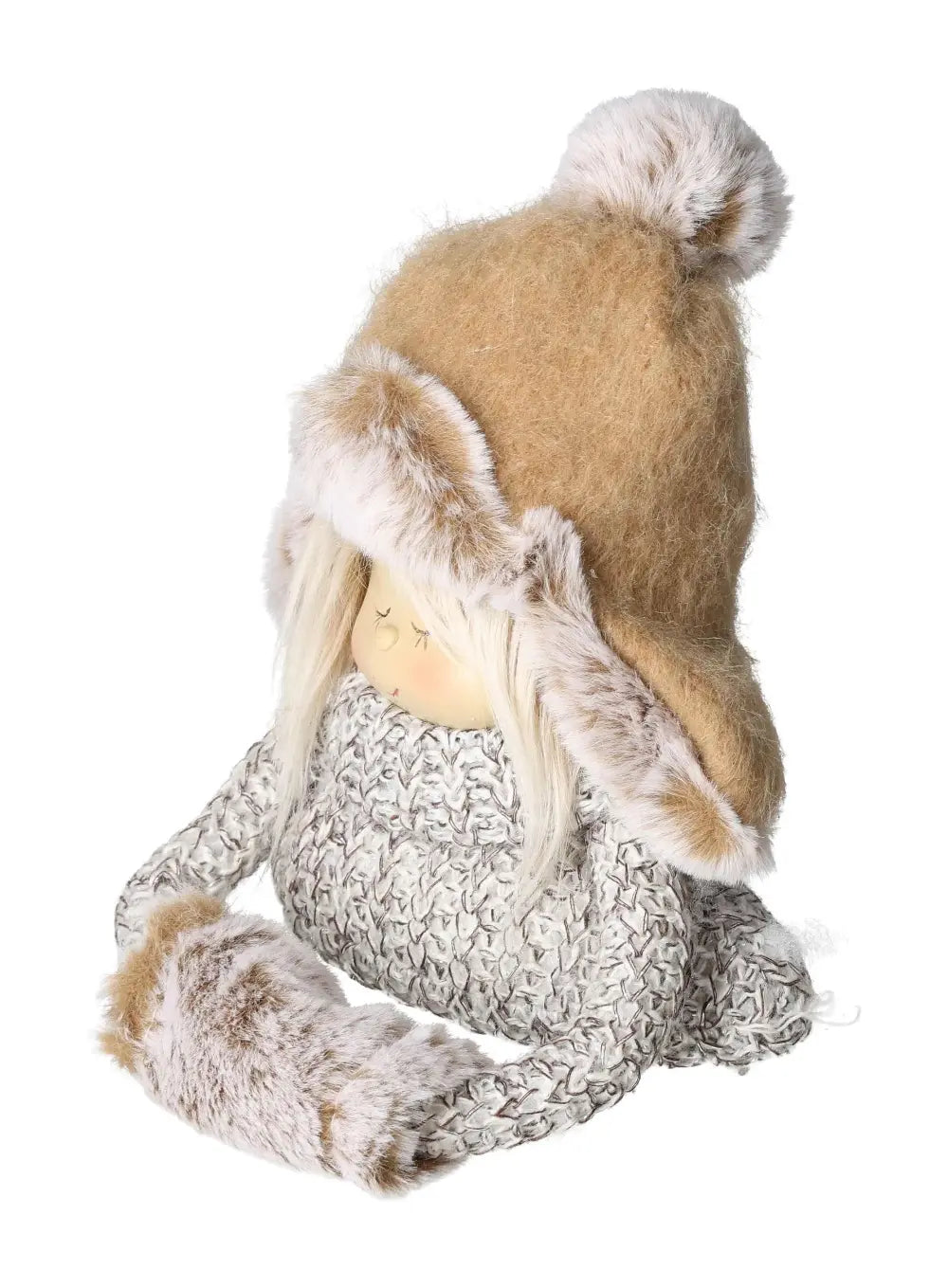 Winter Decoration Figure in Knitted Look 2 with fur hat, offered by Sylvia Crystals, enhancing your winter decor with elegance.