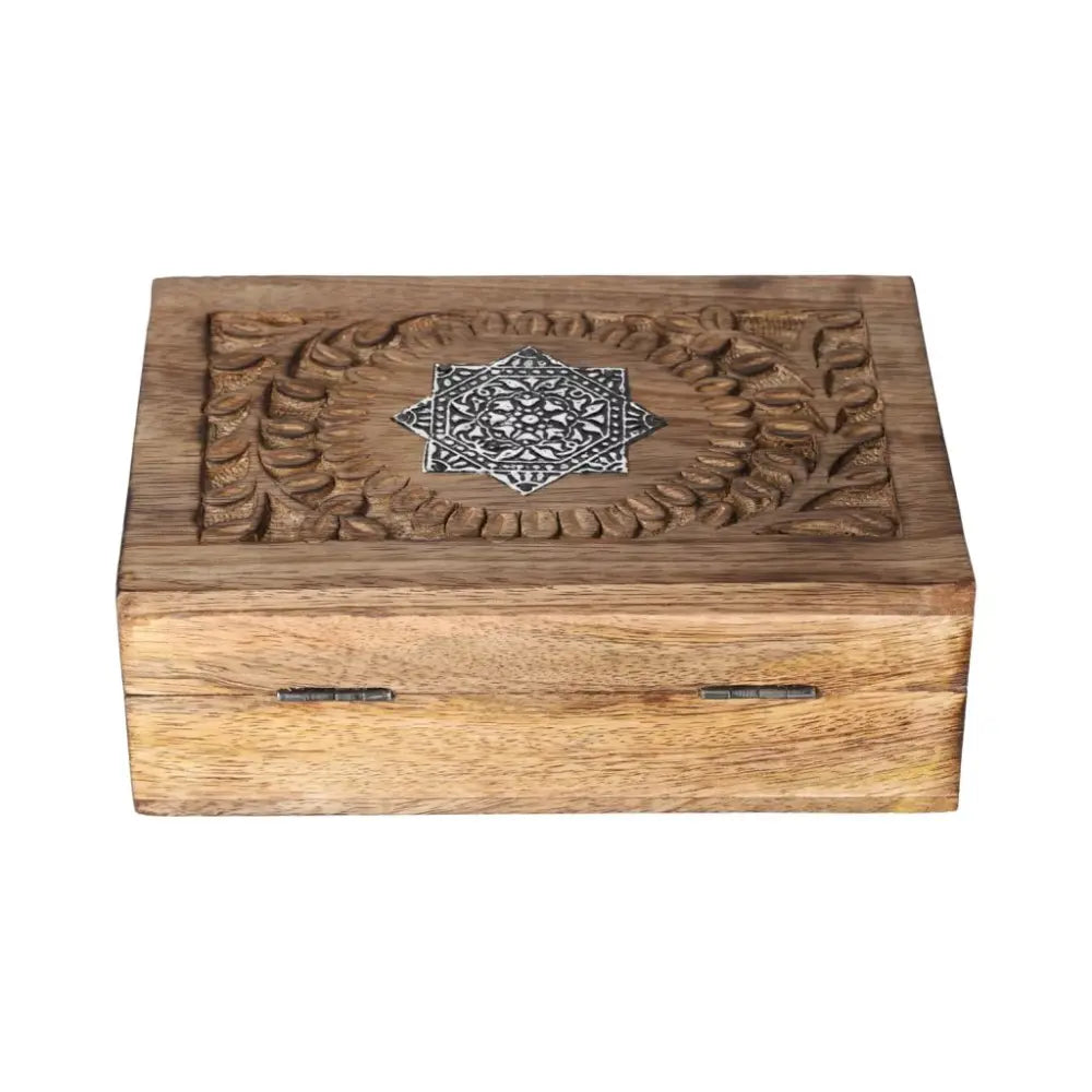 Elegant wooden jewelry box featuring intricate divine geometry design, a premium Sylvia Crystals masterpiece for luxury organization.