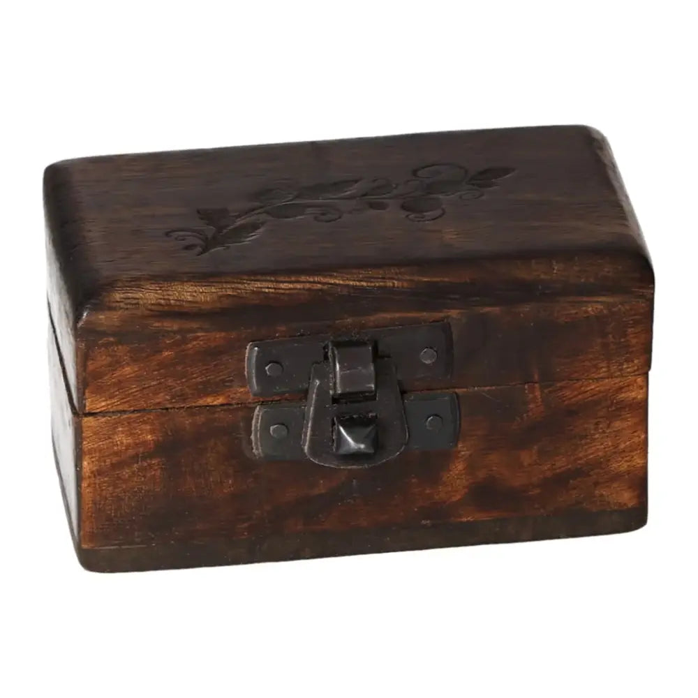 Wooden pill box with carved designs, measuring 9x5x4cm, featuring a sturdy latch, part of assorted set of 3.
