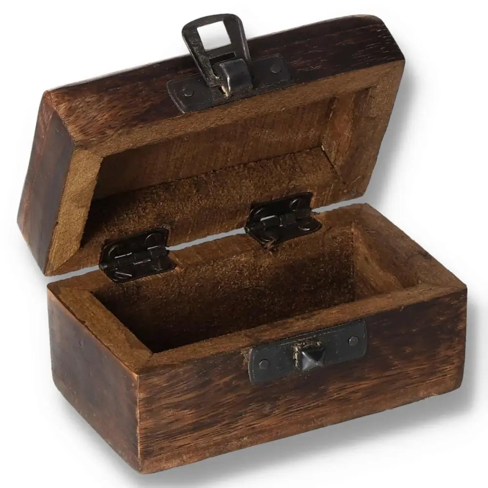 Open wooden pill box with carved design, dimensions 9x5x4cm, featuring metal hinges and latch, perfect for storing pills or trinkets.