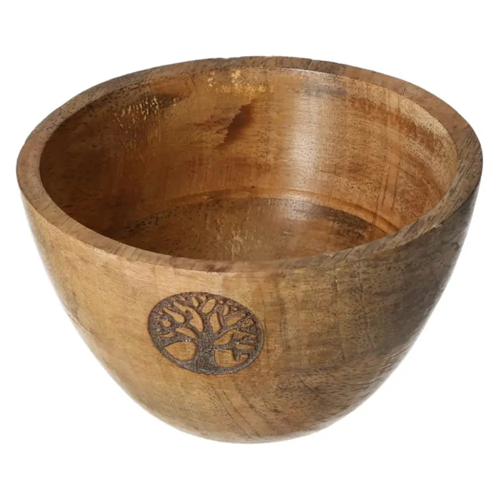 Wooden smudge bowl with Tree of Life engraving, ideal for rituals and offerings, 11x7cm size.