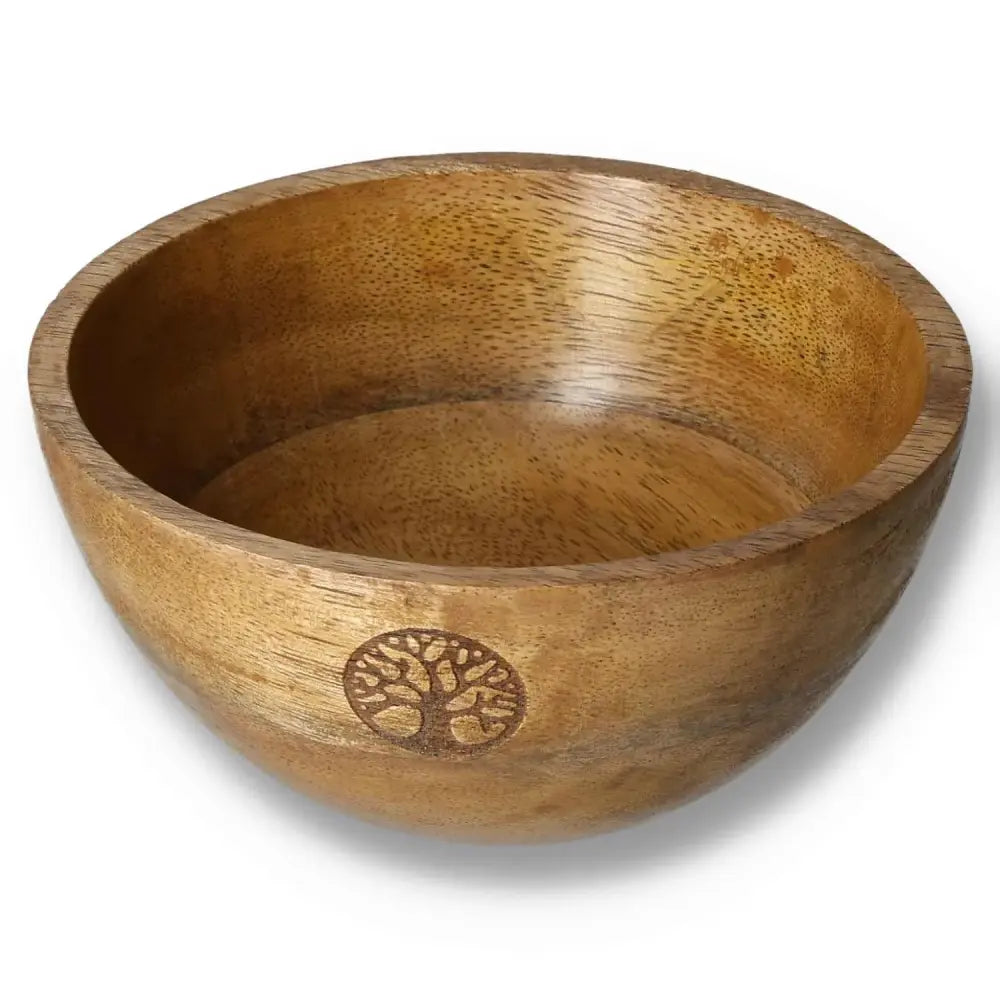 Wooden smudge and ritual offerings bowl with Tree of Life engraving, 13x7cm.