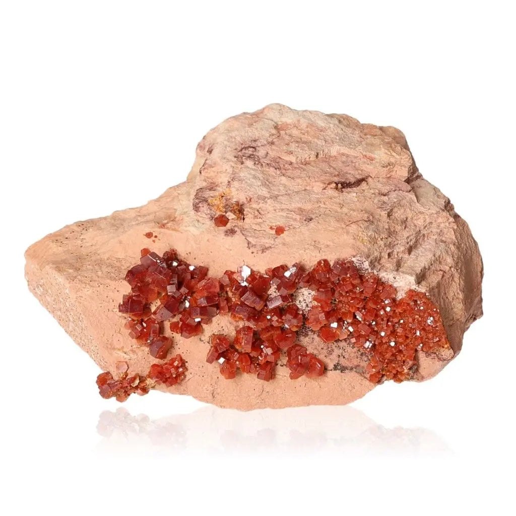 Vanadinite druzes with vibrant red-orange crystals on stone, ideal for collectors seeking focus and creative energy.