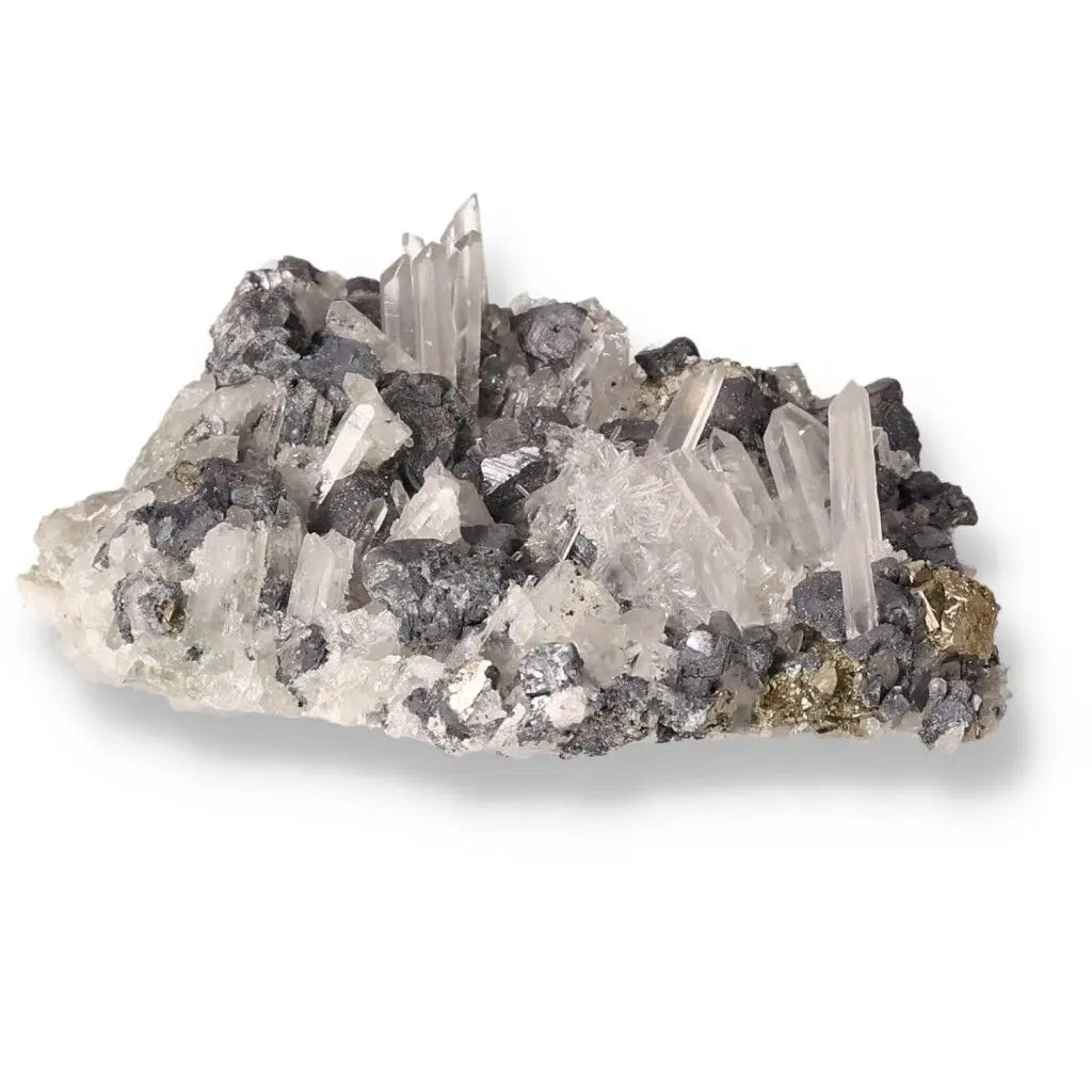 Galena with Quartz crystal cluster showcasing metallic and shimmering mineral formations.
