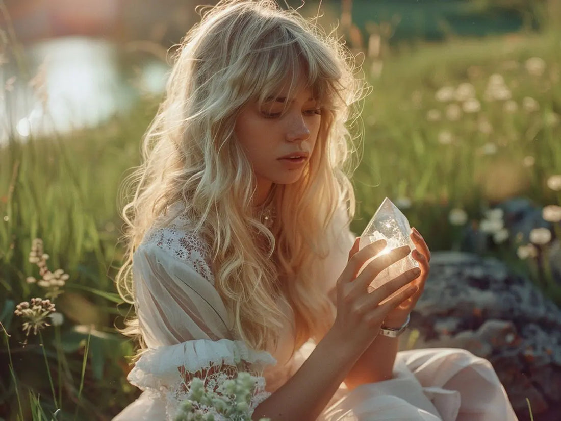 A person holds a crystal, surrounded by nature and sunlight.