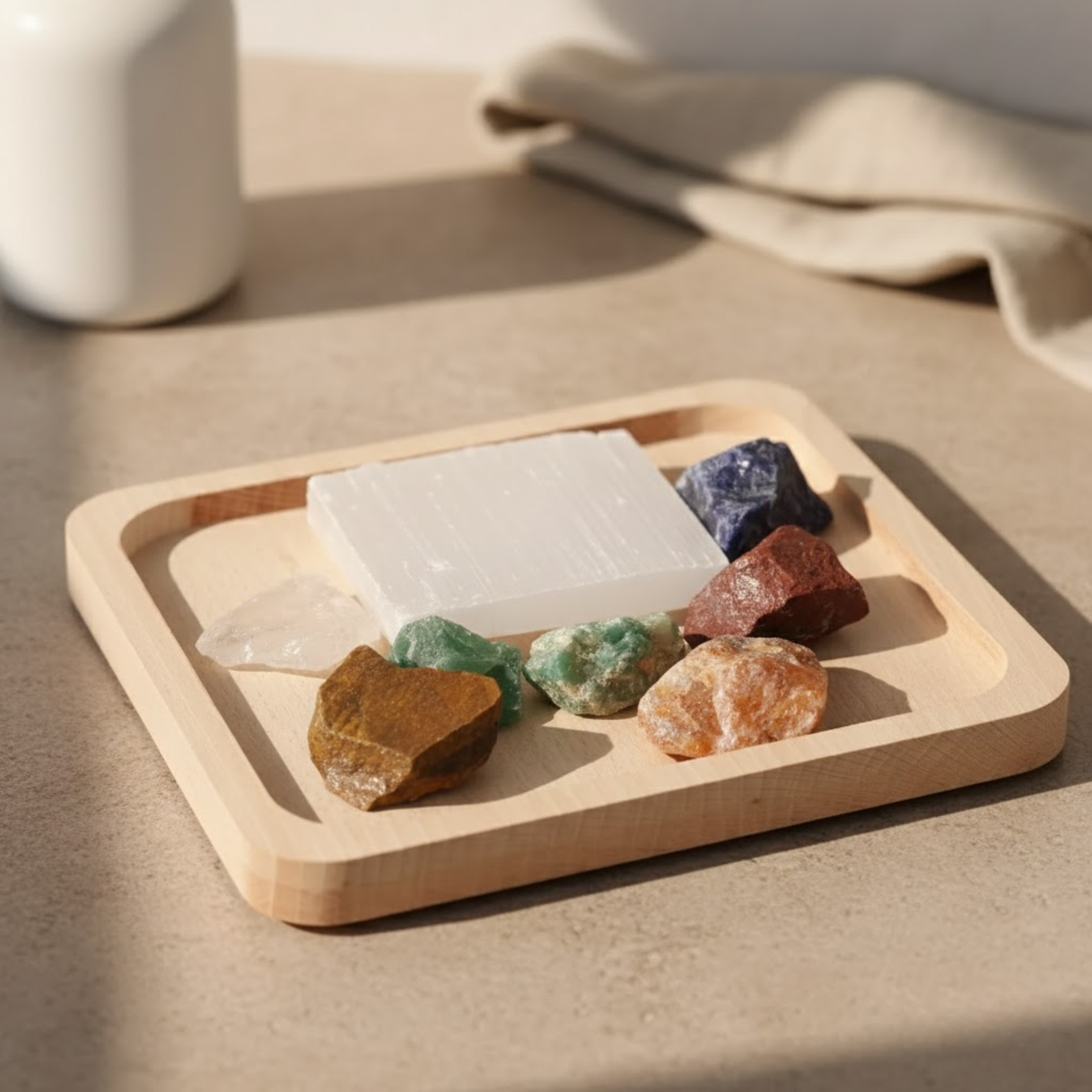 Chakra stone set on wooden tray for meditation and healing.