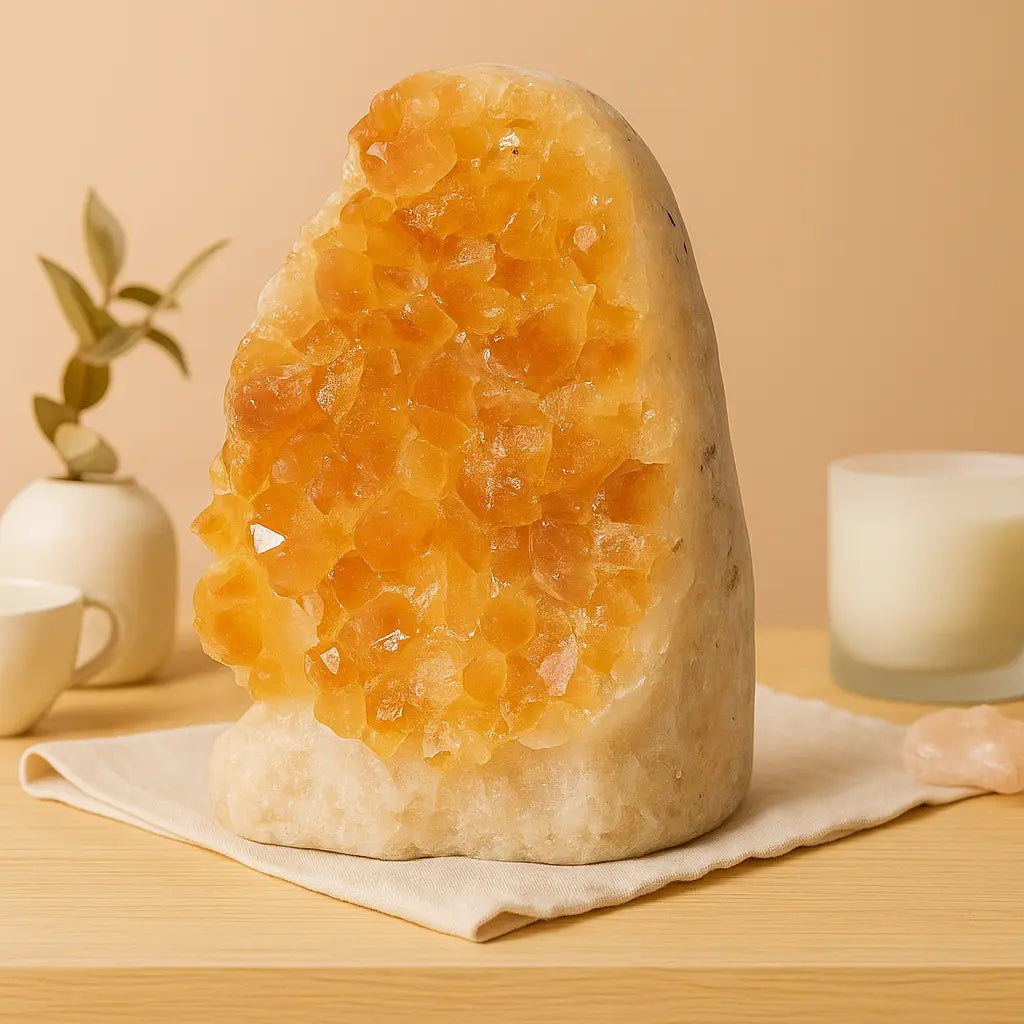 Raw citrine crystal cluster showcasing its vibrant golden hue and natural form, symbolizing abundance and positivity.