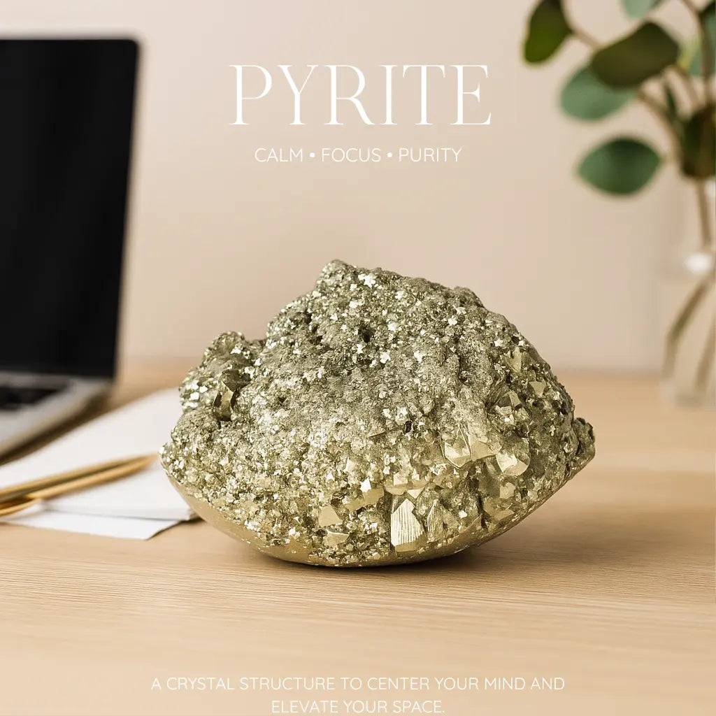 Pyrite mineral with metallic luster and golden-yellow color, often called Fool's Gold, showcasing its cubic crystal structure.