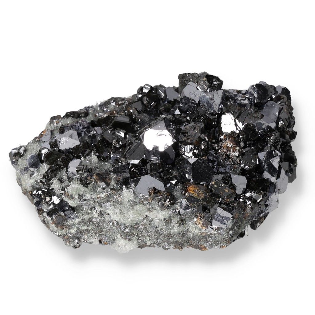 Shiny black sphalerite mineral cluster showcasing reflective metallic luster and intricate geometric crystal formations.