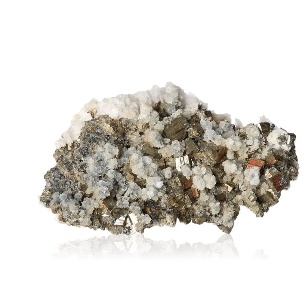 Chalcopyrite crystal cluster with metallic golden hues and quartz formations, embodies the stone of abundance and spiritual awakening.