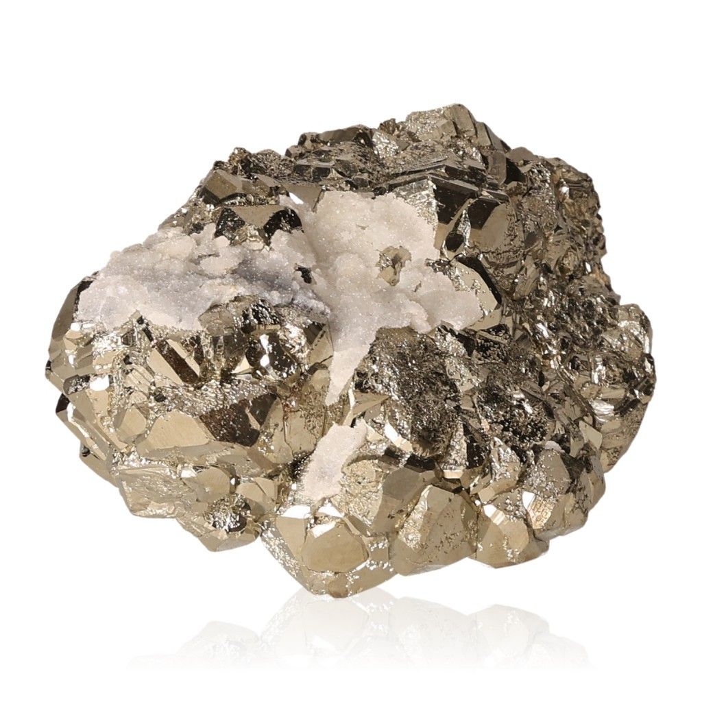 Pyrite mineral with metallic luster and golden-yellow color, often called Fool's Gold, showcasing its cubic crystal structure.