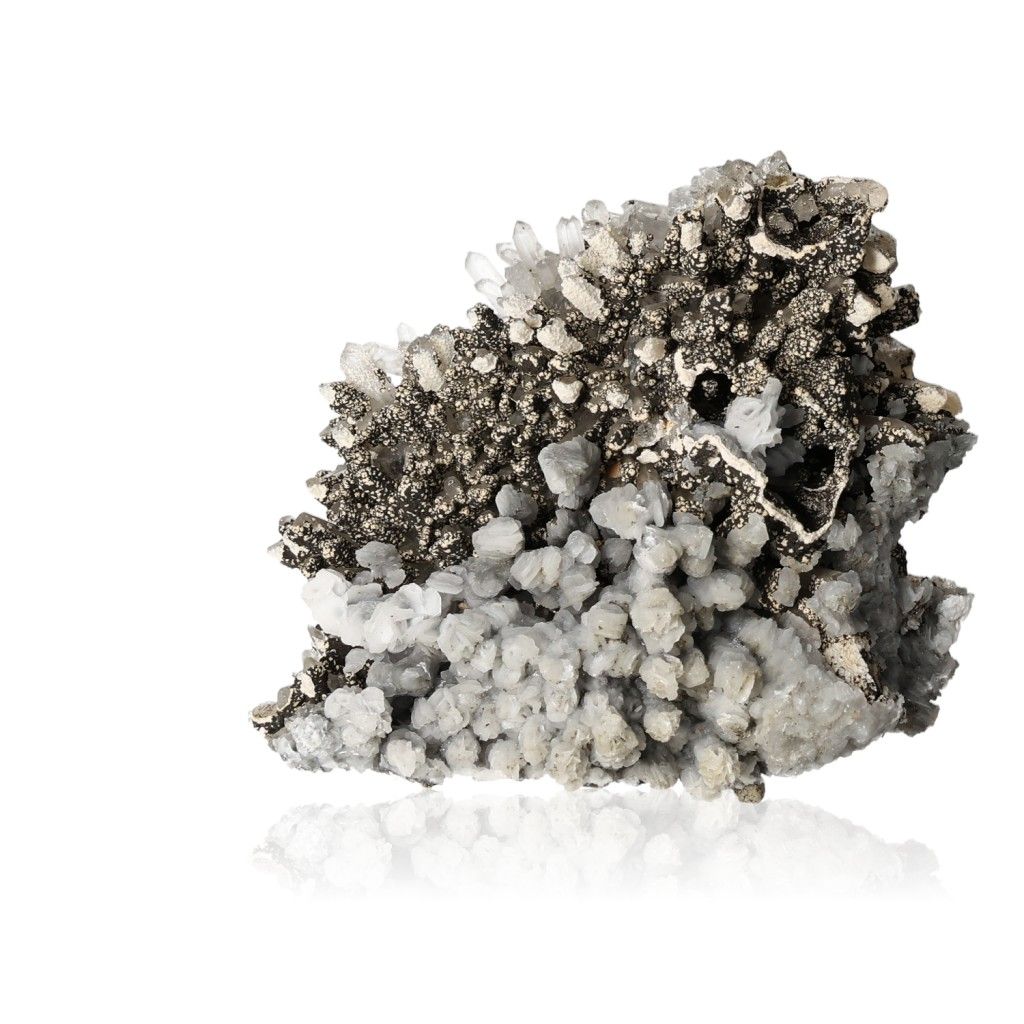 Marcasite mineral specimen showcasing metallic luster and orthorhombic crystals on white matrix.