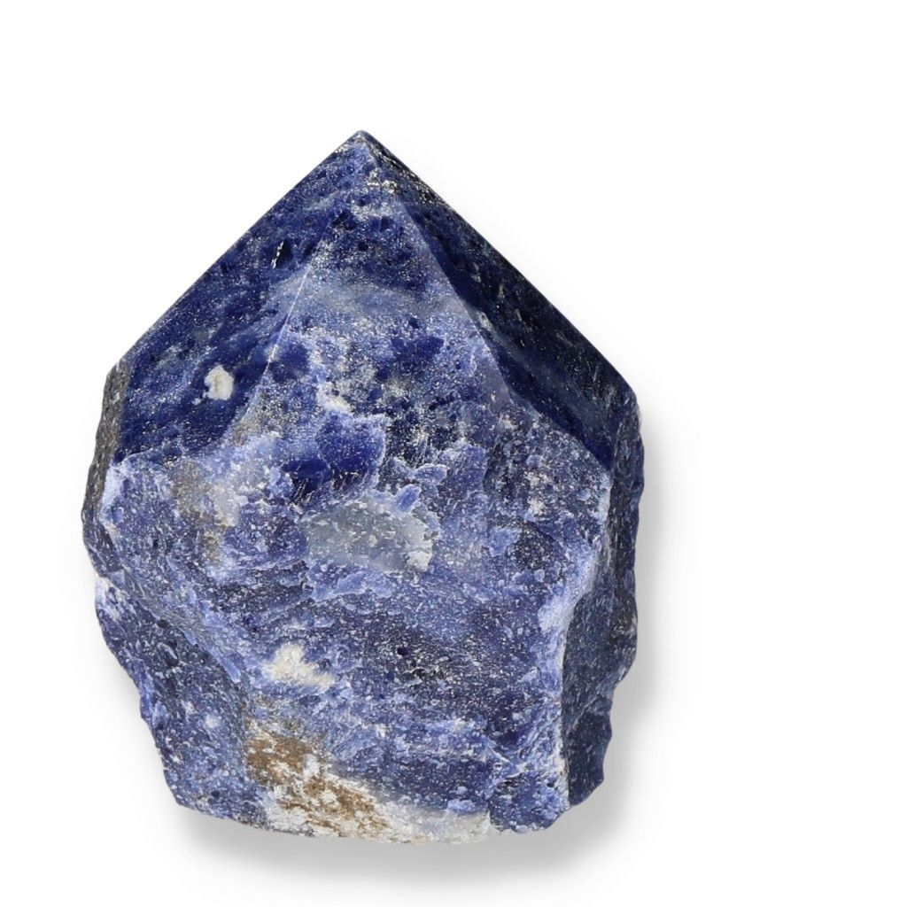 Rough sodalite crystal point showcasing deep blue hues, symbolizing intuition and clarity, ideal for meditation and chakra balancing.