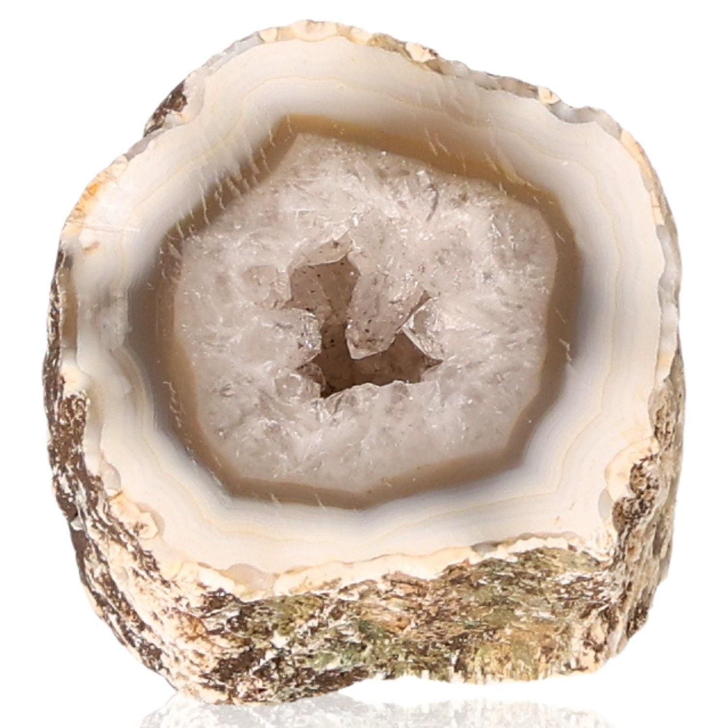 Natural agate geode with striking banded patterns and crystal interior, showcasing its raw beauty and vibrant colors.