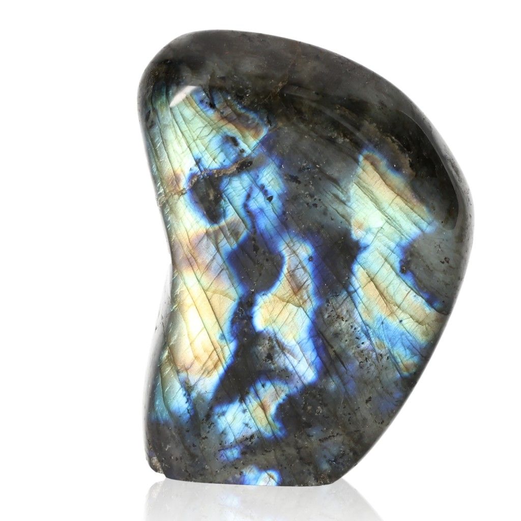 Labradorite gemstone with blue and gold flashes, known for its metaphysical properties of intuition and transformation.