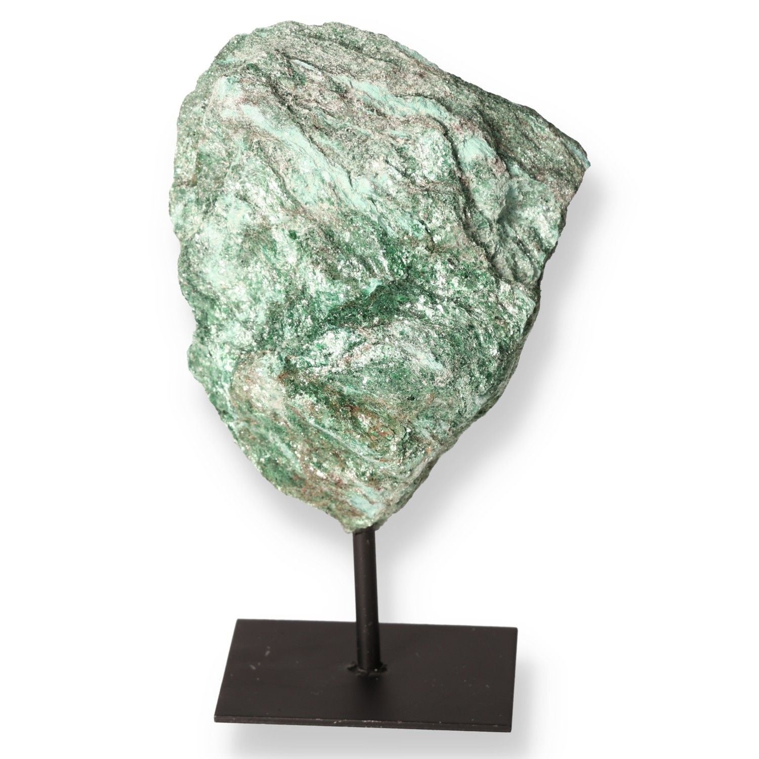 Fuchsite stone on stand, showcasing vibrant green hues for emotional healing and rejuvenation, known as the Healer's Stone.