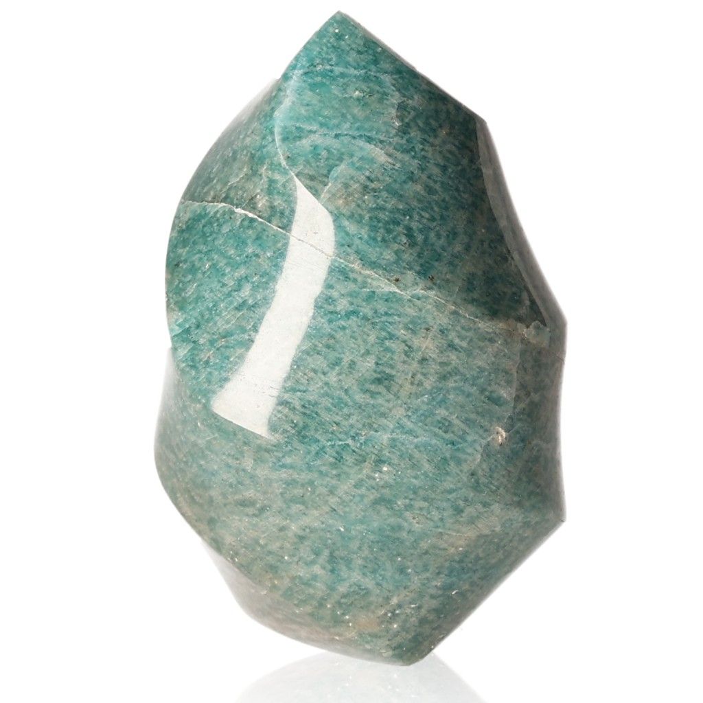 Polished amazonite gemstone with vibrant green-blue hues and smooth surface.