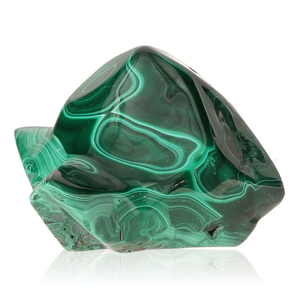 Malachite raw stone with vibrant green bands showcasing its transformative and protective properties, ideal for meditation and healing.