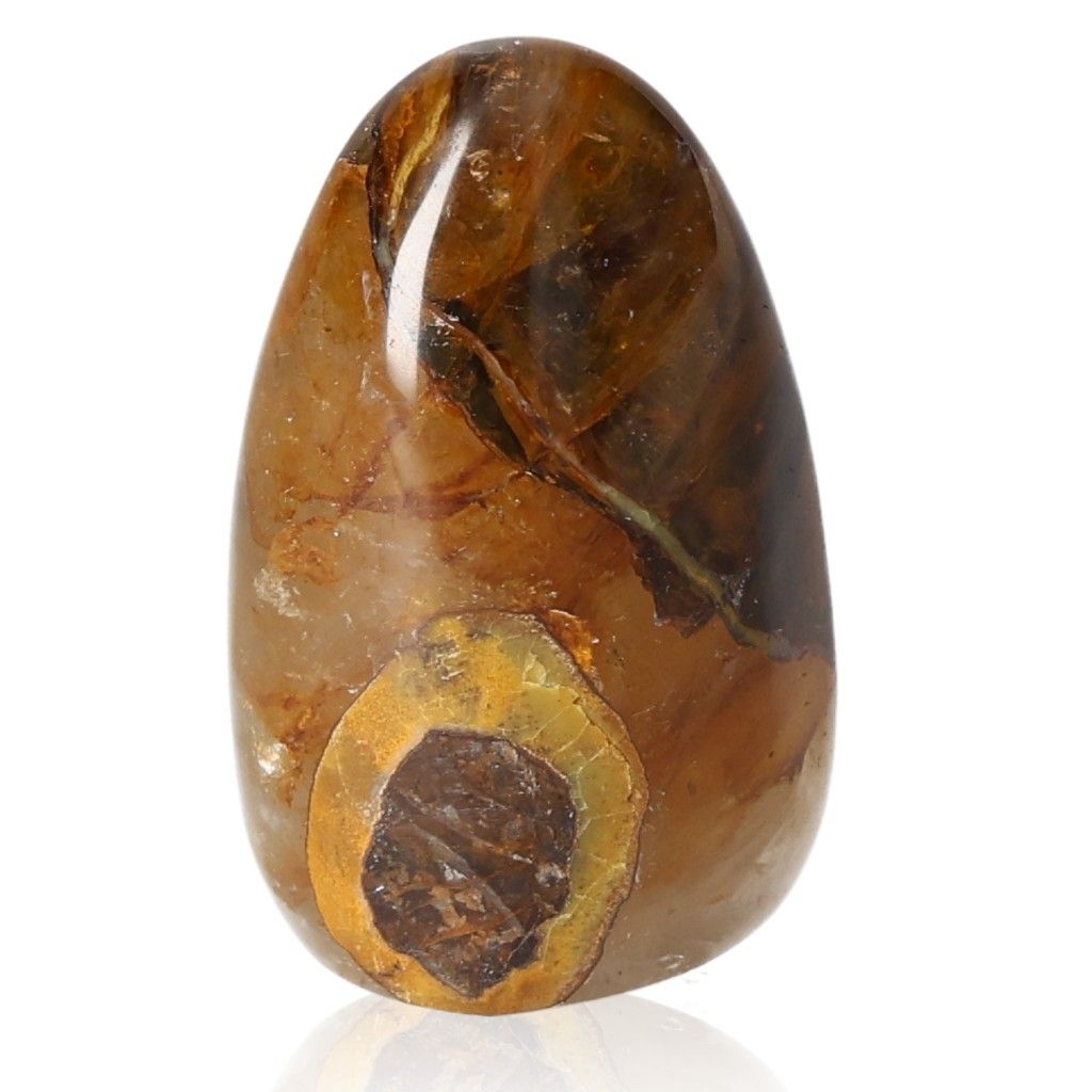 Polished Nellite gemstone showcasing golden Tiger's Eye and blue Pietersite hues, symbolizing courage and transformation.