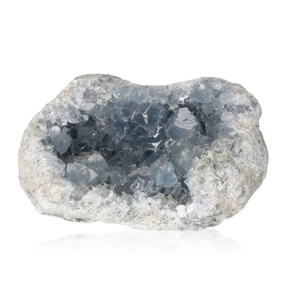 Celestite geode with sparkling blue crystals on a white background.