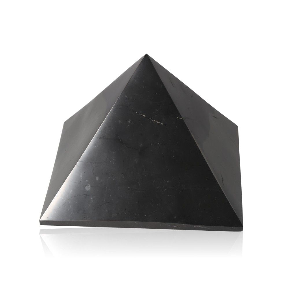 Shungite pyramid for EMF protection, detoxification, and energy healing.