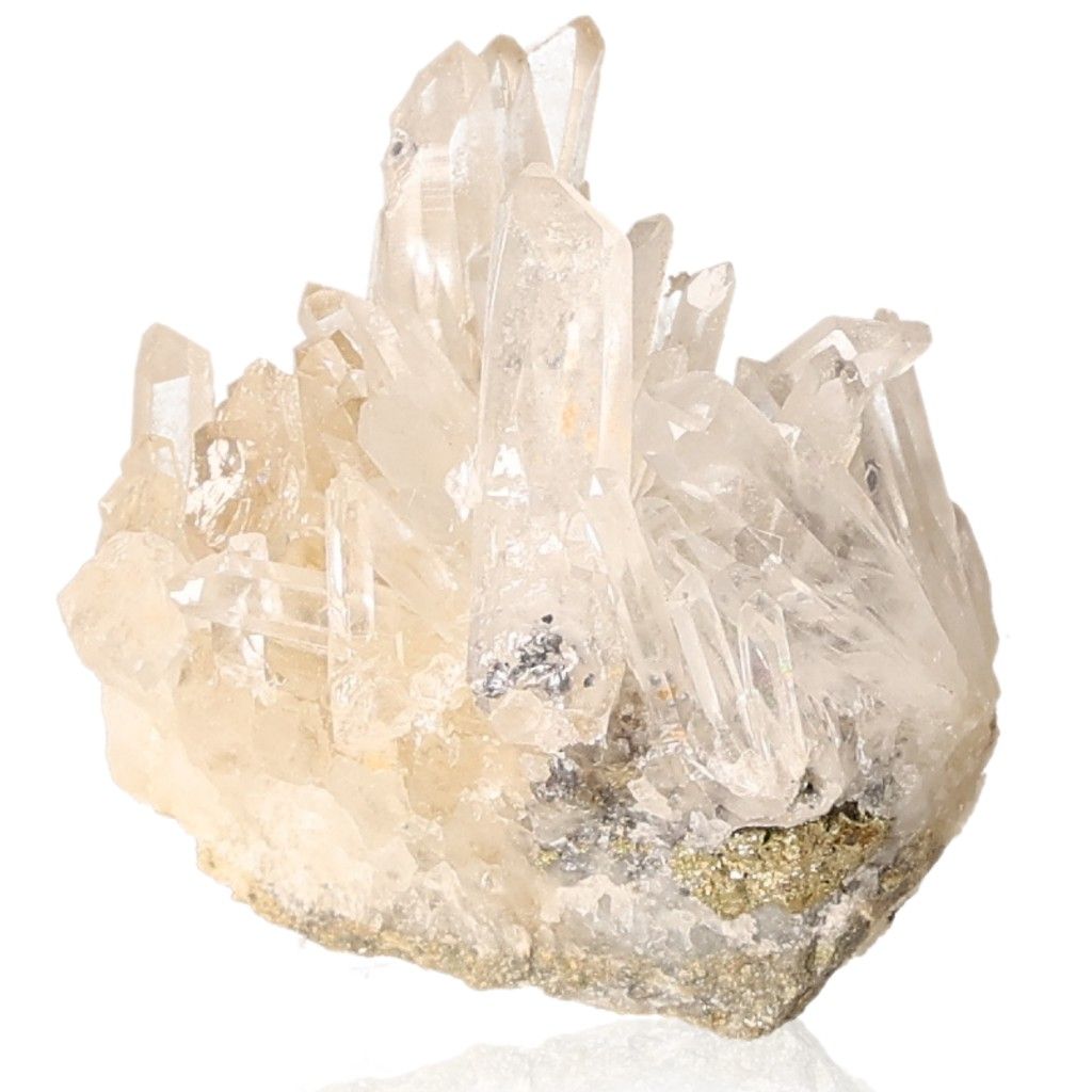 Clear quartz crystal cluster showcasing intricate natural formations and sparkling facets, highlighting its beauty and versatility.