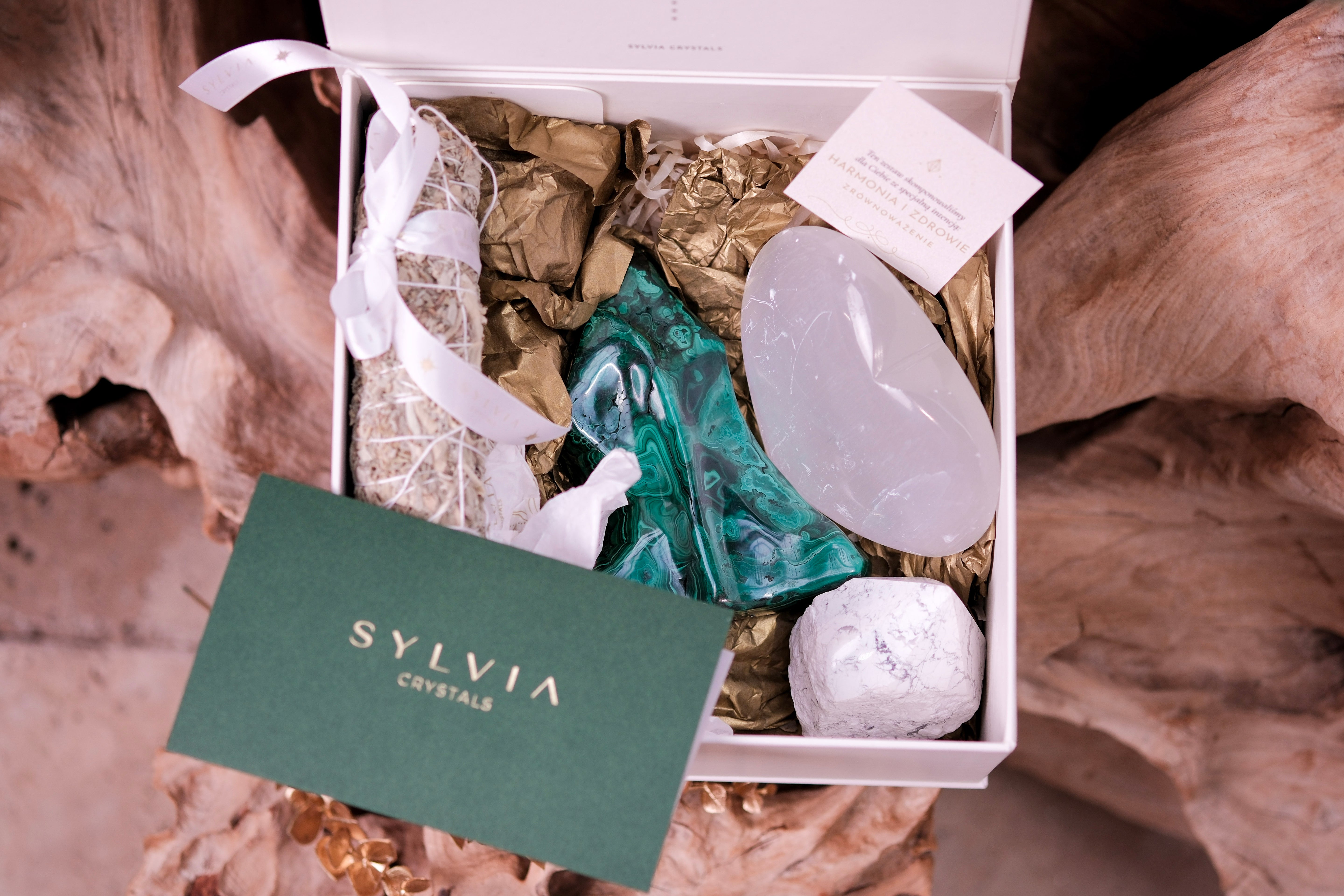 Transformations Deluxe Christmas Box with Raulite, Malachite, Selenite Heart, White Sage by Sylvia Crystals for personal growth.