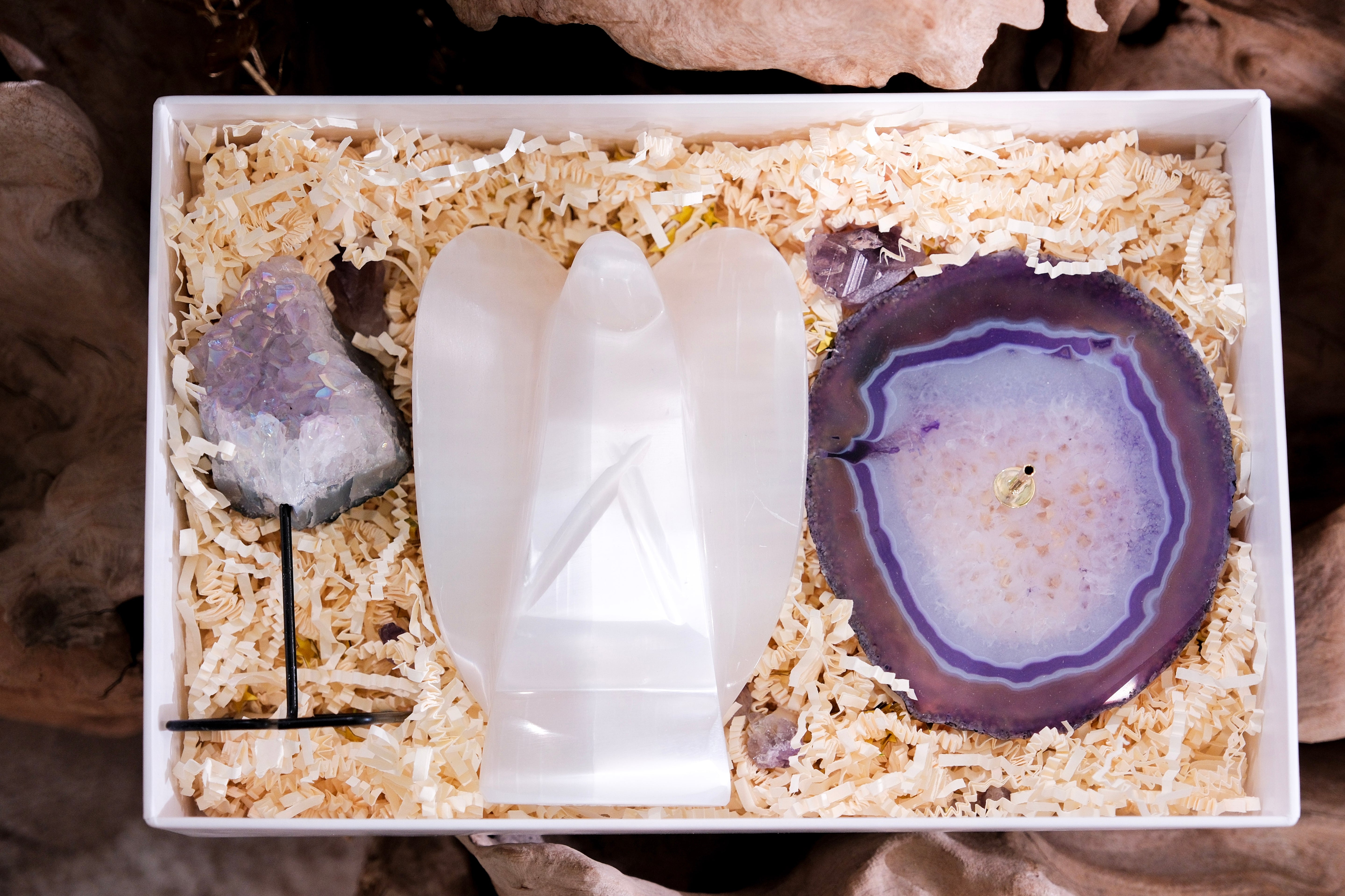 Spiritual Cleansing Christmas Gift Box with Selenite Angel, Angel Aura Amethyst, and Agate Incense Holder in decorative packaging