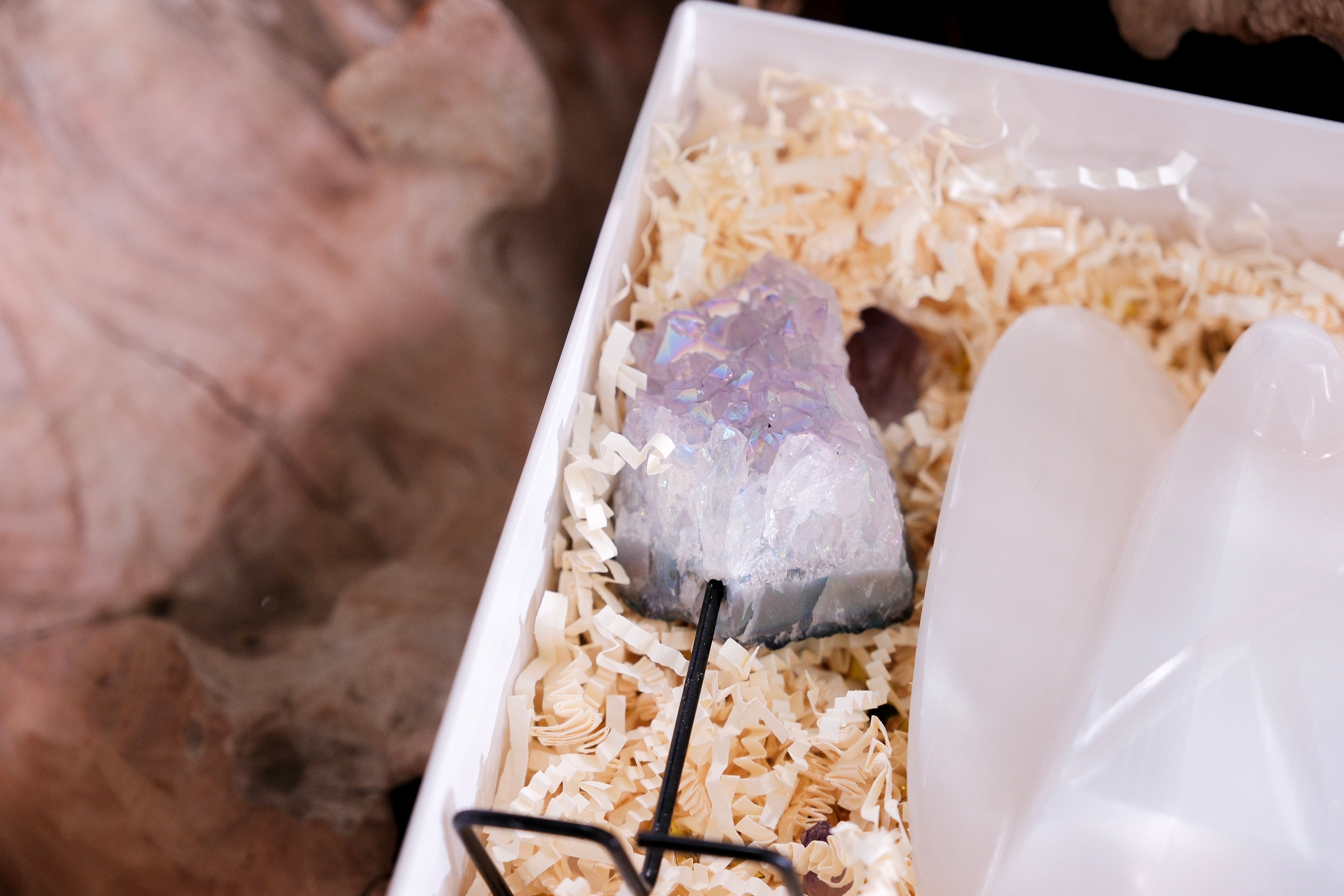 Christmas gift box with selenite angel and angel aura amethyst for spiritual cleansing and renewal.