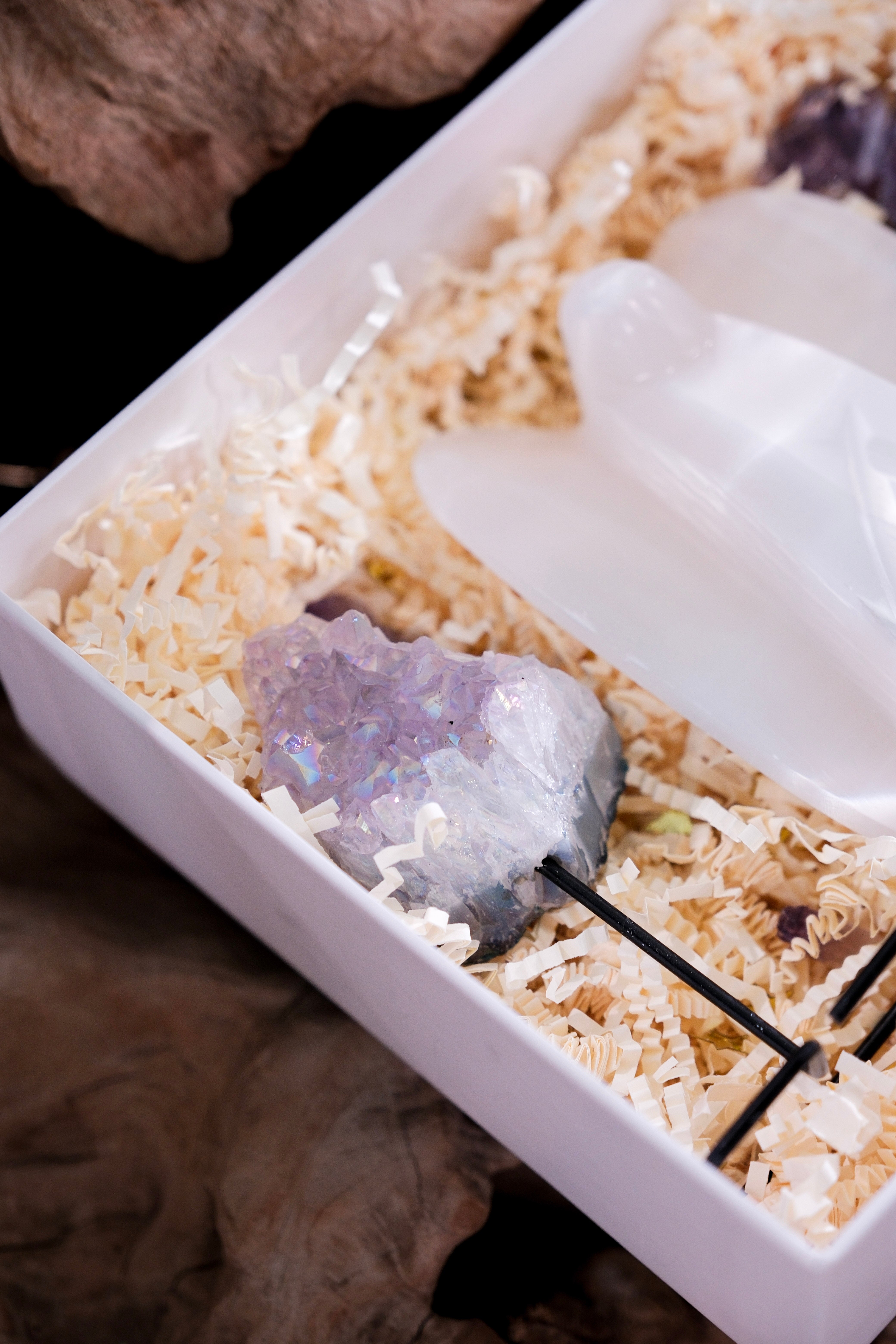 Spiritual Cleansing Gift Box with Selenite Angel and Angel Aura Amethyst on display