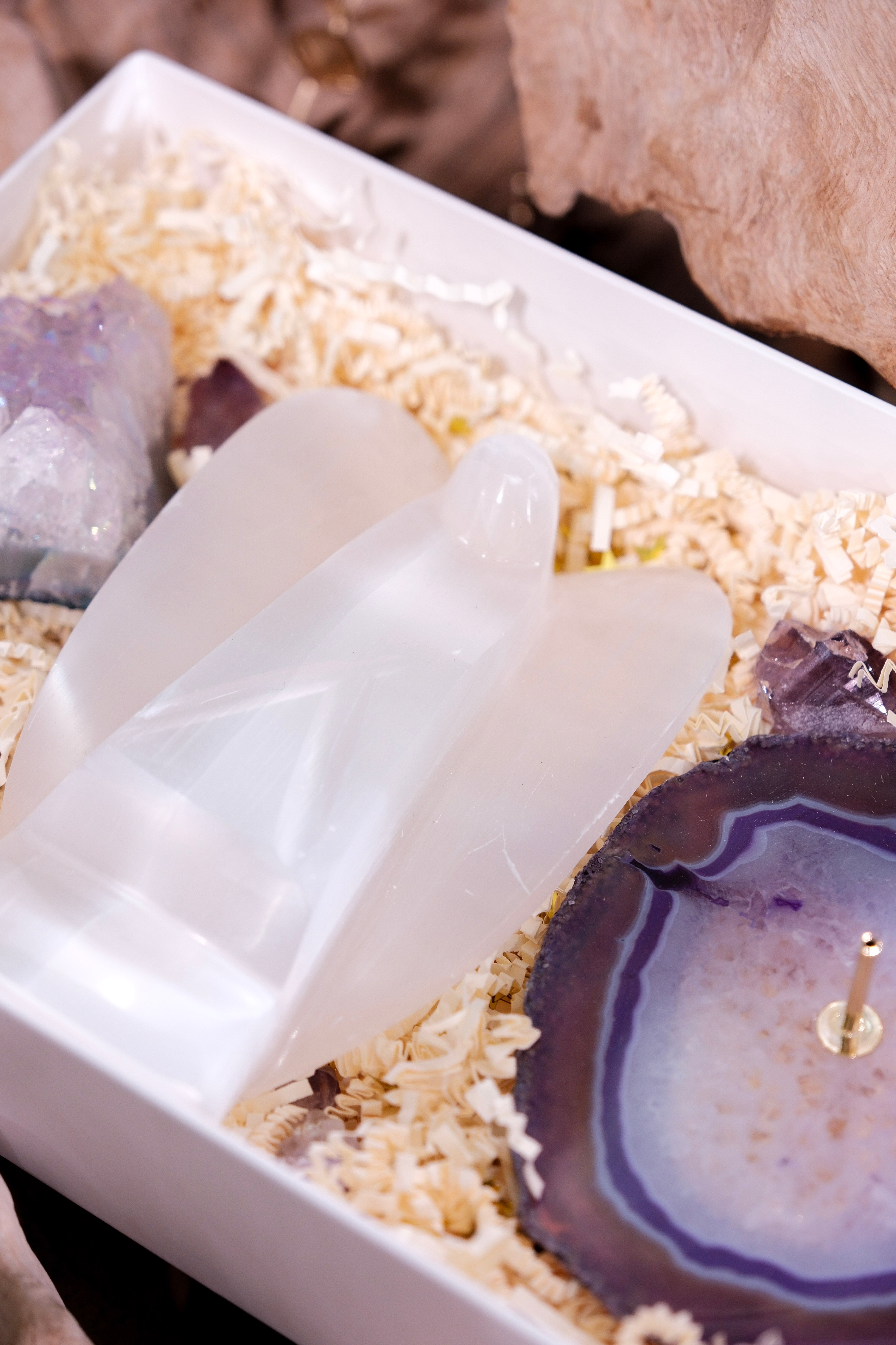 Christmas gift box with selenite angel, angel aura amethyst, and agate incense holder for spiritual cleansing and renewal.