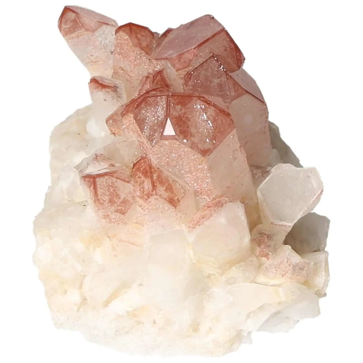 Quartz Cluster With Lithium from Sylvia Crystals, showcasing red-tinted quartz points on a white crystalline base.