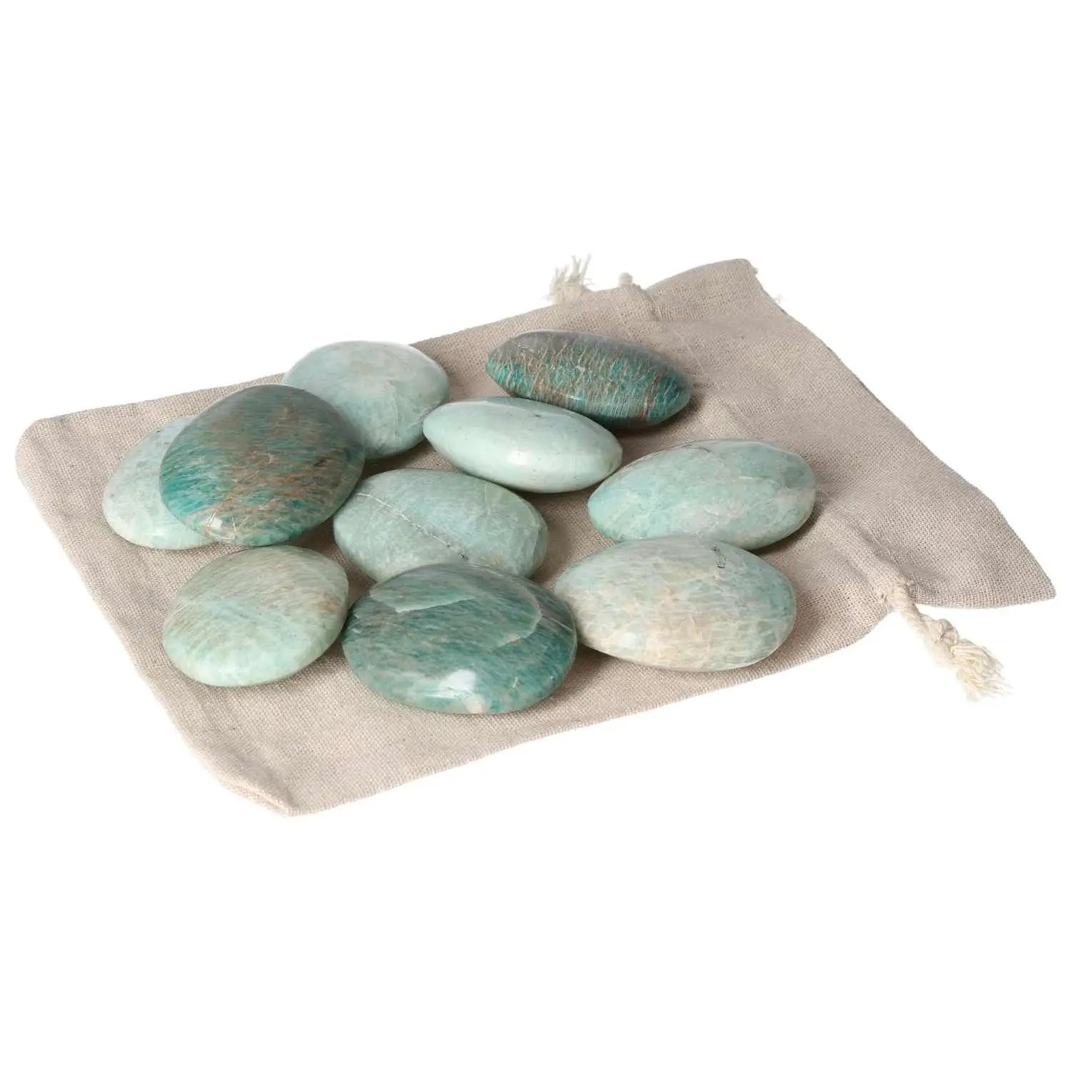 Assorted Amazonite Palm Stones on beige pouch, showcasing unique colors and patterns, ideal for spiritual wellness and luxury.
