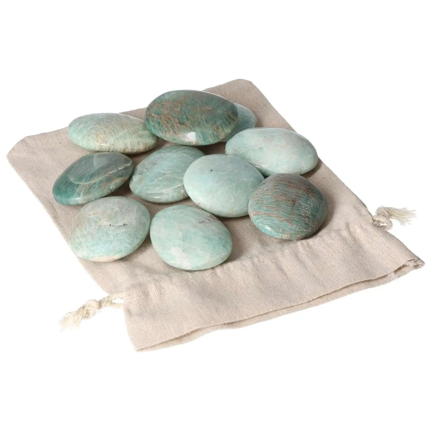 Assorted Amazonite Palm Stones on fabric pouch, showcasing calming and spiritual energy, perfect for meditation and relaxation.