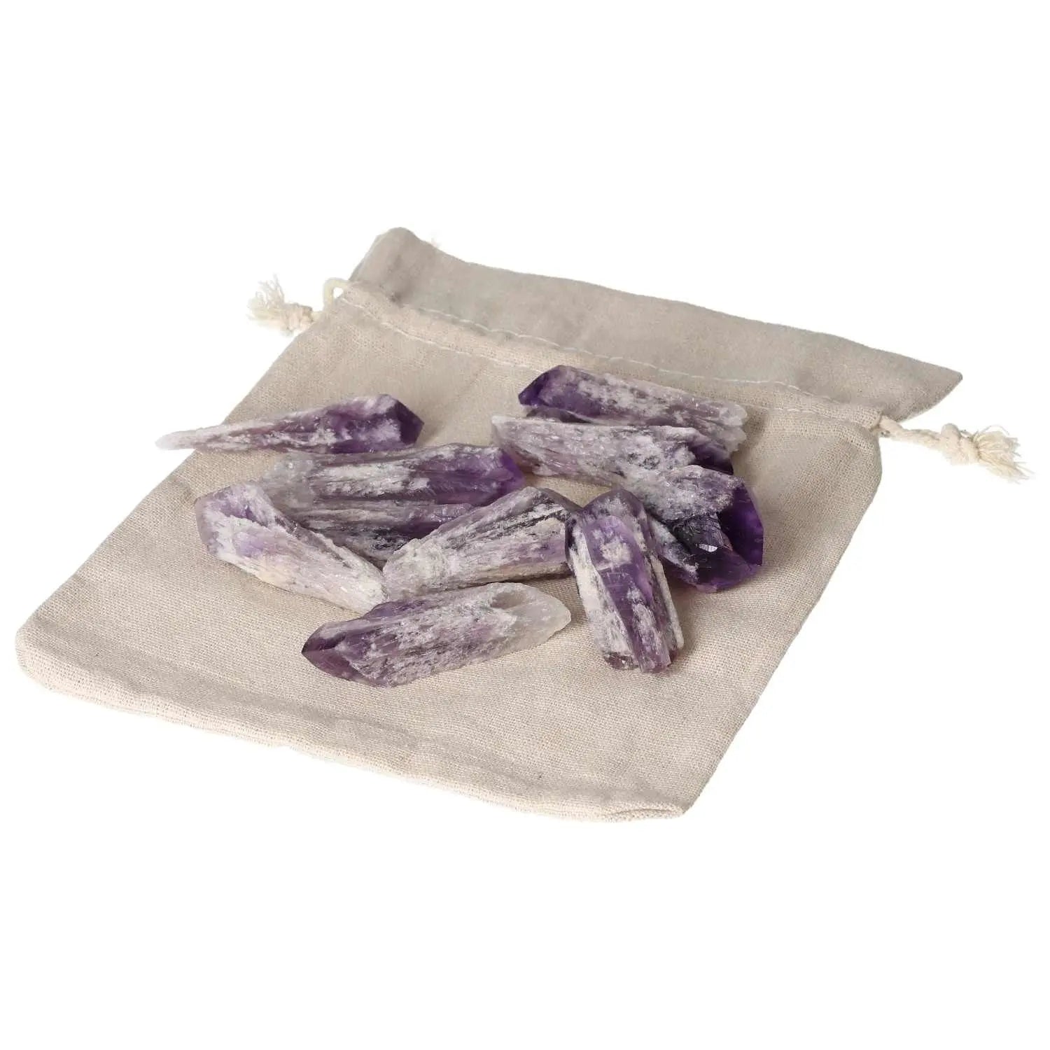 Amethyst Point S crystals from Sylvia Crystals on a pouch, offering stress relief and elegance for any space.