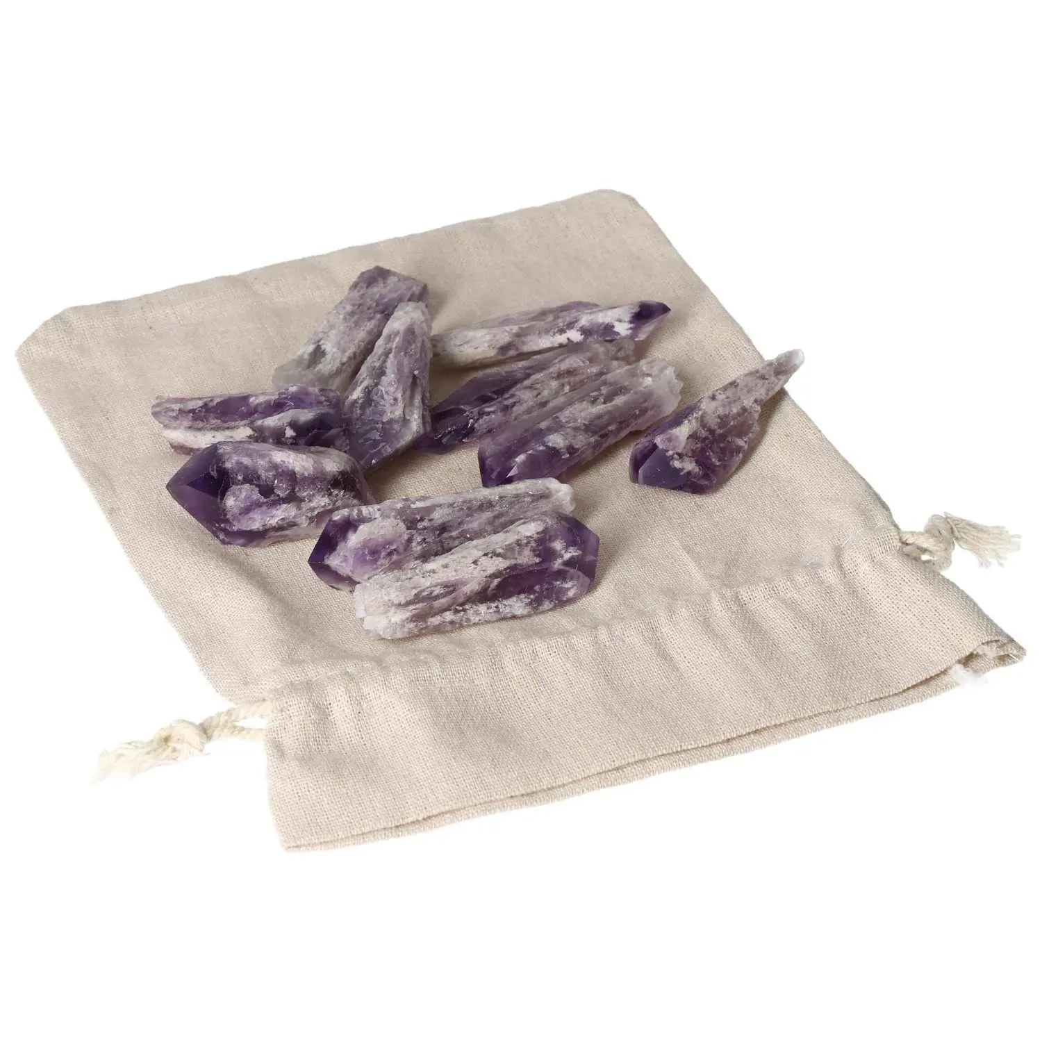 Collection of Amethyst Point S crystals on a beige cloth bag, showcasing their vibrant purple hues and natural textures.