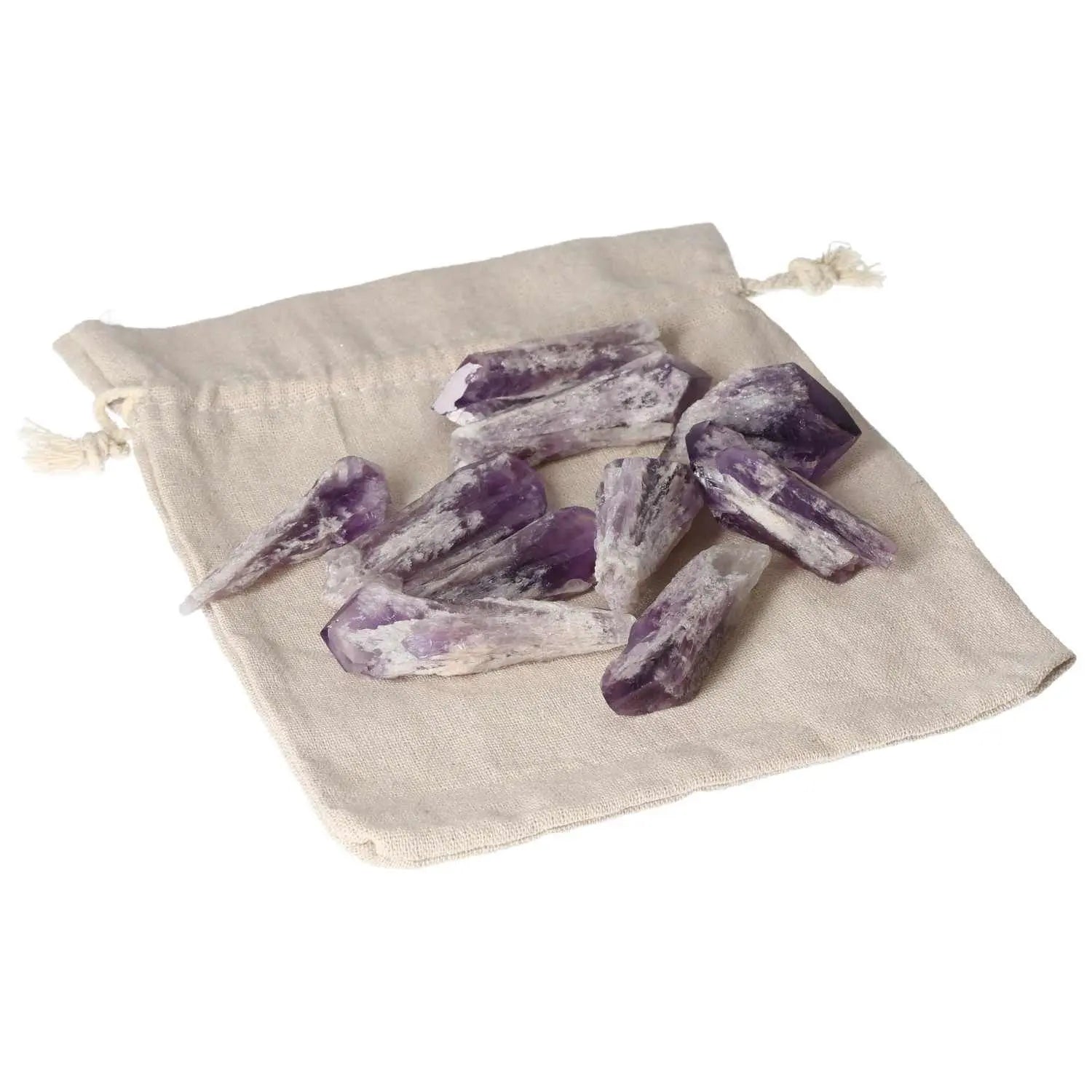 Amethyst Point S on beige pouch, enhancing tranquility and elegance, from Sylvia Crystals. Handpicked premium crystal for serenity.