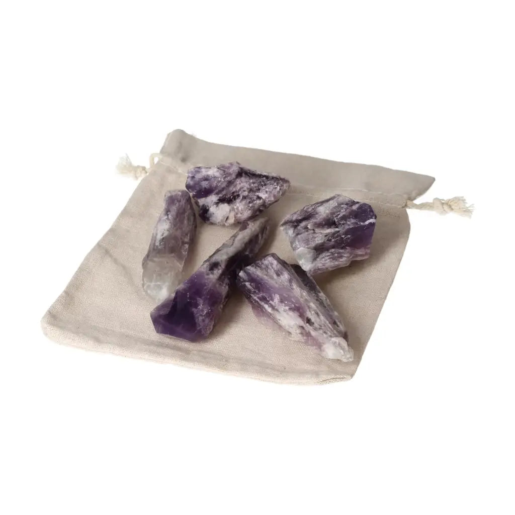 Amethyst Point L crystals showcased on a beige pouch, ideal for enhancing concentration and emotional stability by Sylvia Crystals.
