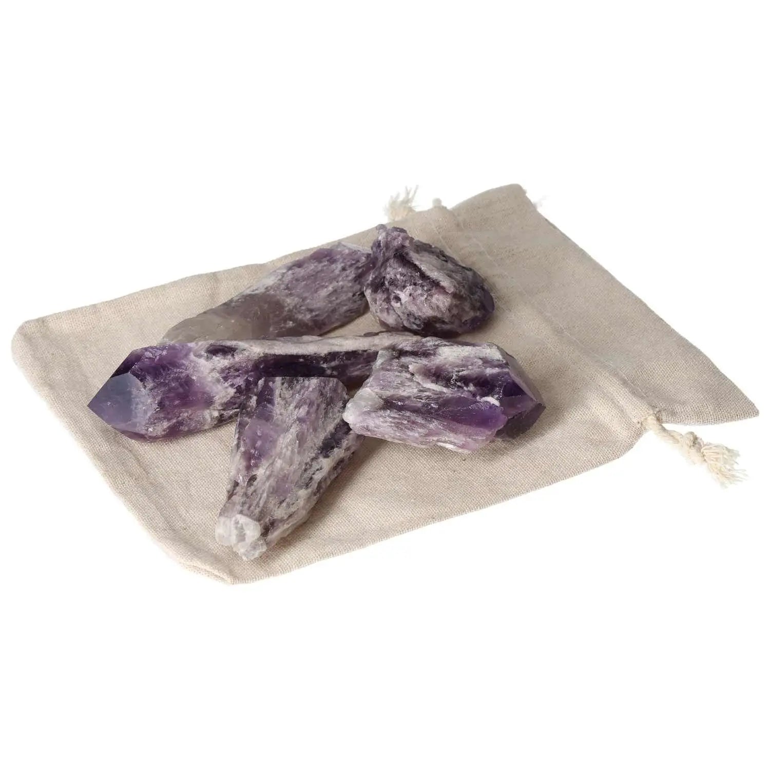 Amethyst Point L from Sylvia Crystals placed on a natural fabric pouch, showcasing its spiritual benefits and energy-boosting properties.