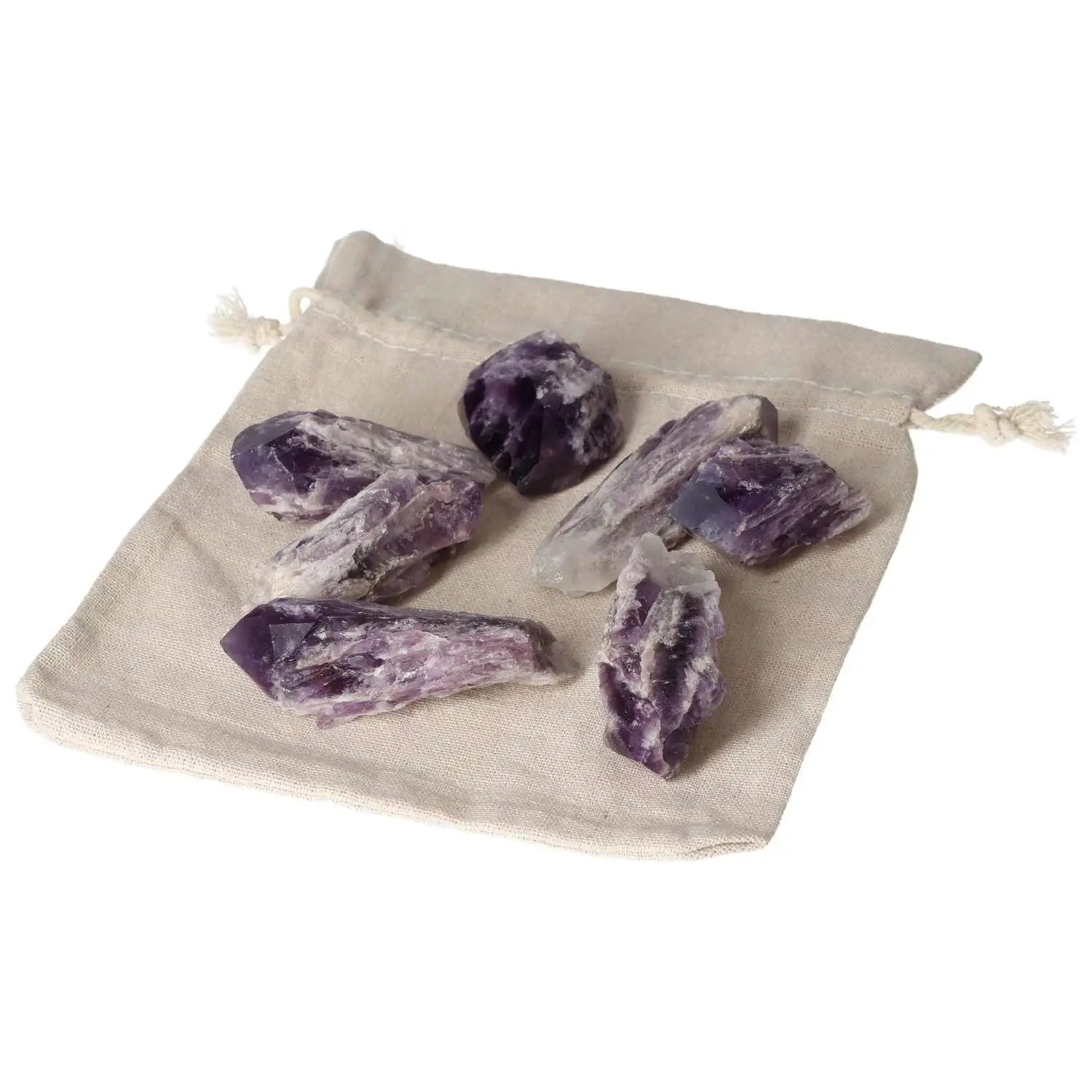 Amethyst Point M crystal set on a soft cloth bag, perfect for enhancing energy and reducing stress. Premium quality from Sylvia Crystals.
