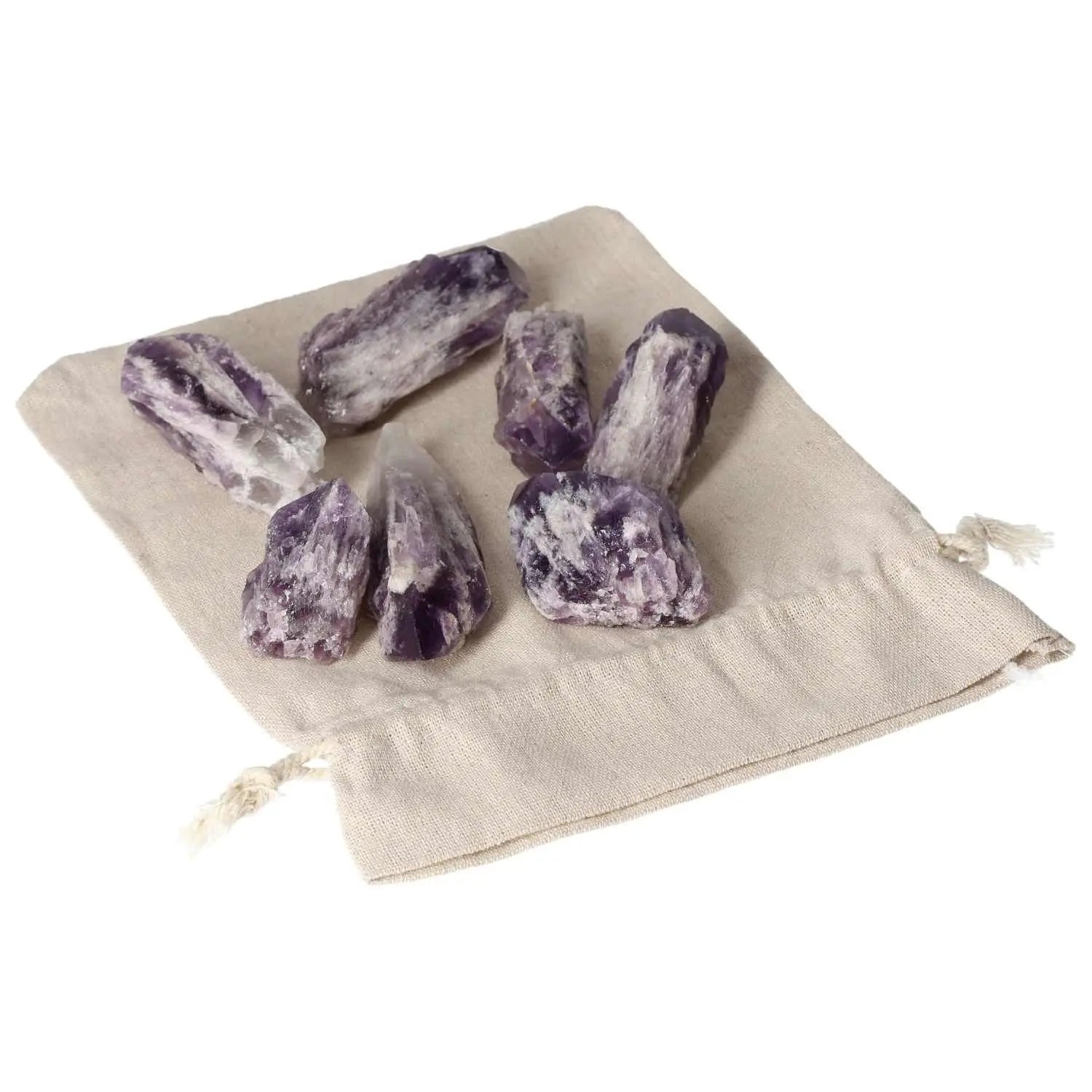 Amethyst Point M crystals from Sylvia Crystals on a pouch, known for enhancing emotional stability and reducing stress.